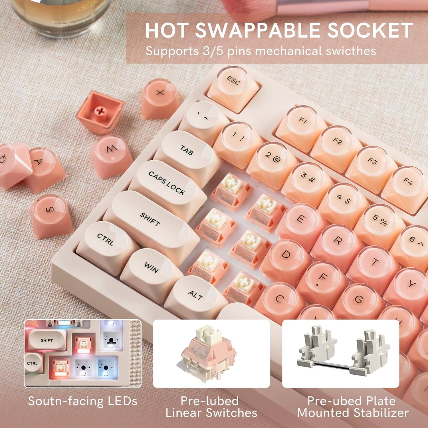 HOT SWAPPABLE SOCKET  
Supports 3/5 pins mechanical switches  

X ESC O A S M CTRL TAB CAPS LOCK SHIFT WIN ALT 1 ! F1 F2 2 @ F3 3 # 4 $ E 5 % R D T F C G F4 6  

South-facing LEDs  
Pre-lubed Linear Switches  
Pre-lubed Plate Mounted Stabilizer