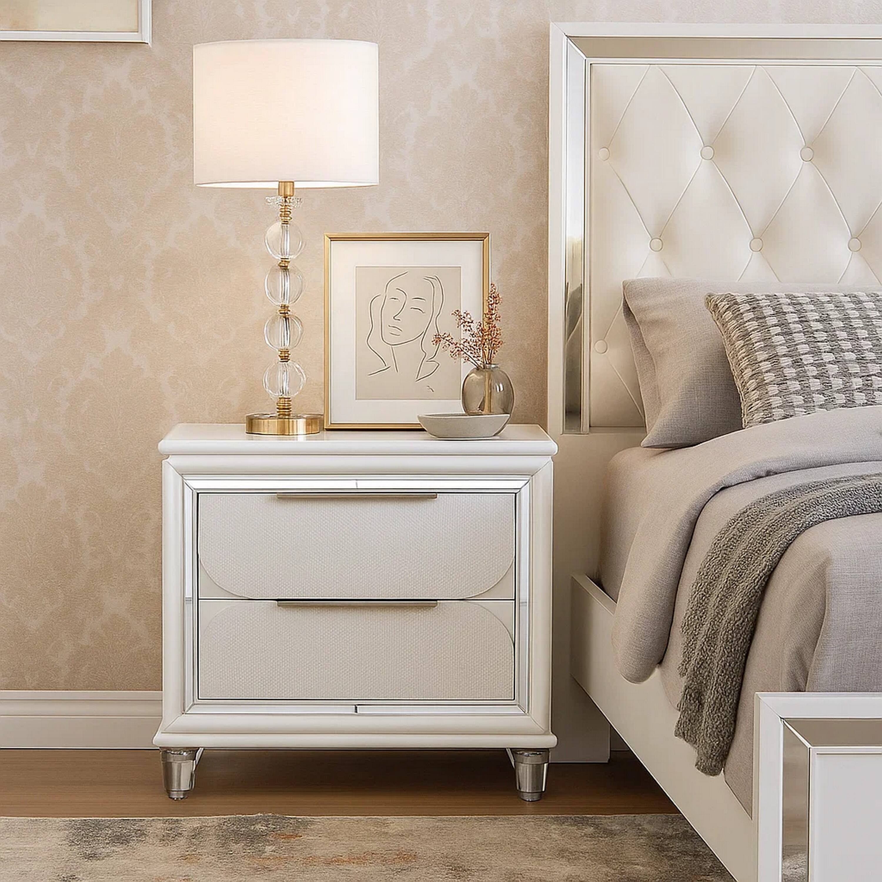 Alt View 5. Manhattan Lane - Rara 30 Inch Nightstand, 2 Drawers, Mirror Trim, Acrylic Legs - White, Silver.