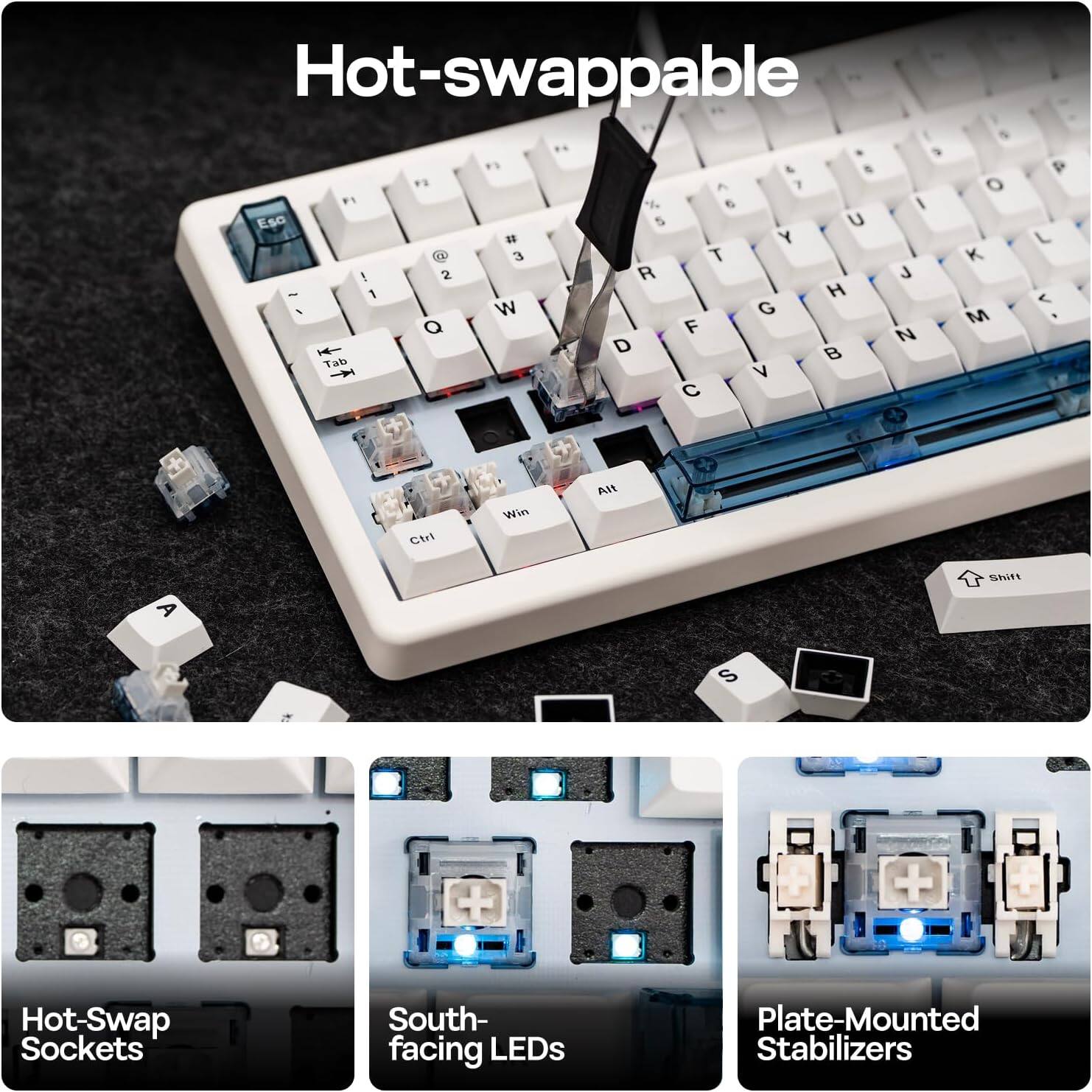 Hot-swappable

* Hot-Swap Sockets
* South-facing LEDs
* Plate-Mounted Stabilizers