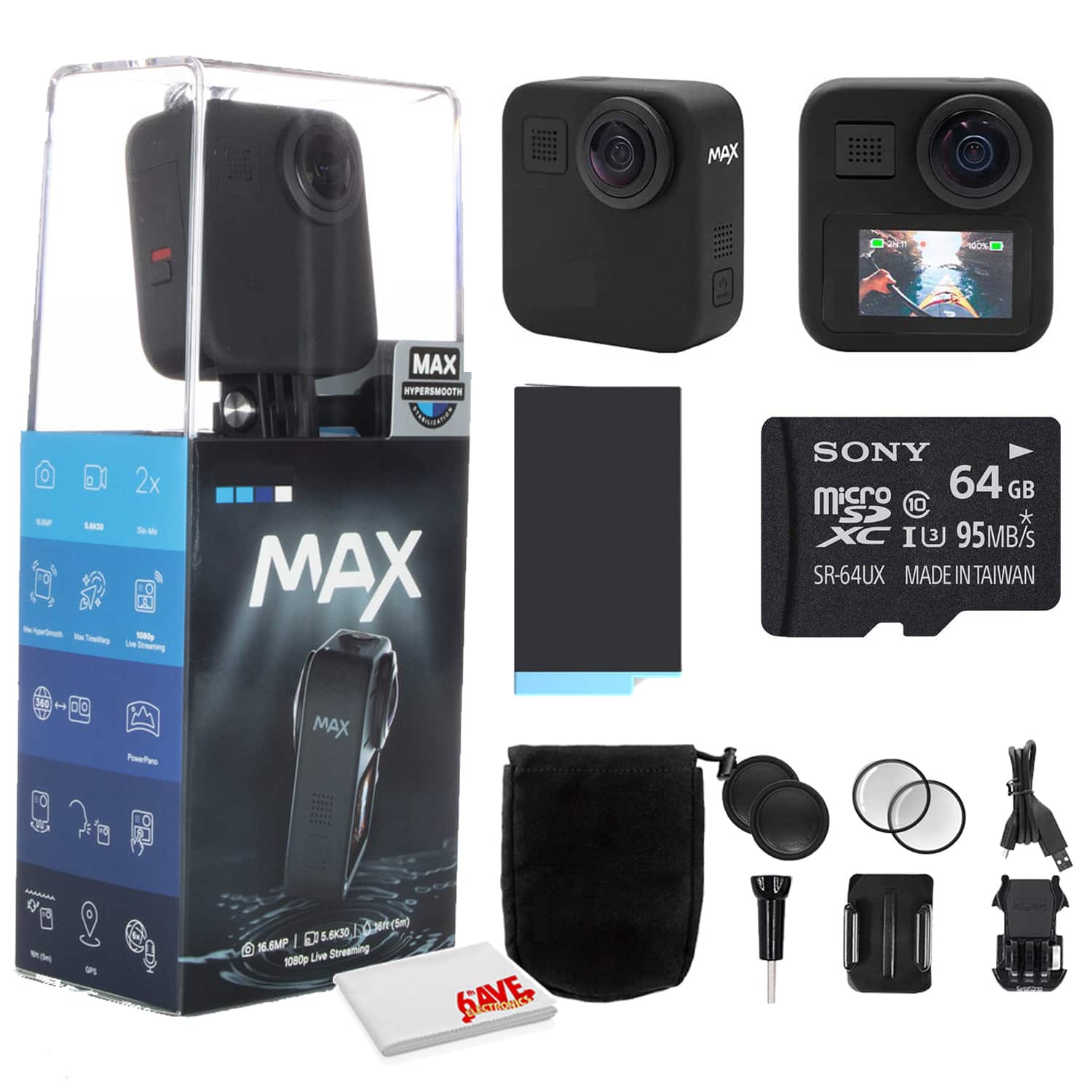 GoPro - MAX 360 Waterproof Action Camera - With Cleaning Set + 64GB Memory Card and More.