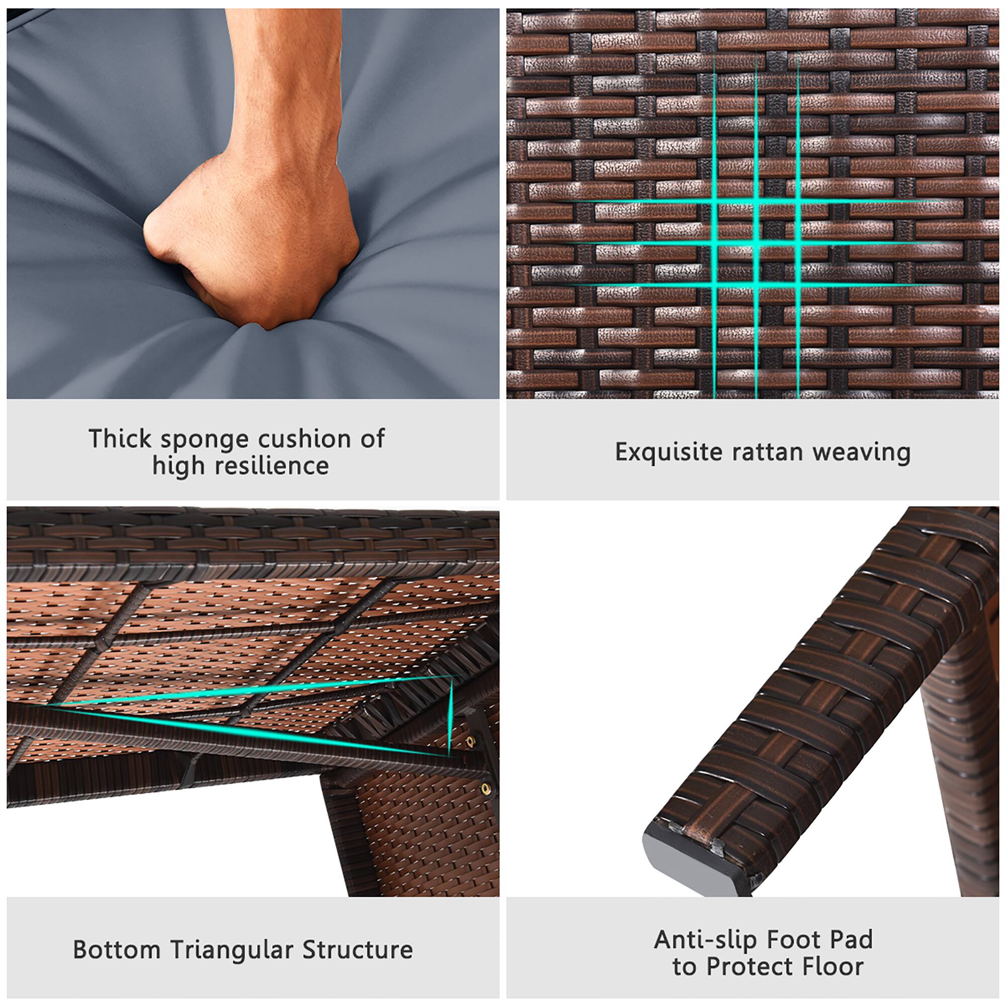 Thick sponge cushion of high resilience, Exquisite rattan weaving, Bottom Triangular Structure, Anti-slip Foot Pad to Protect Floor