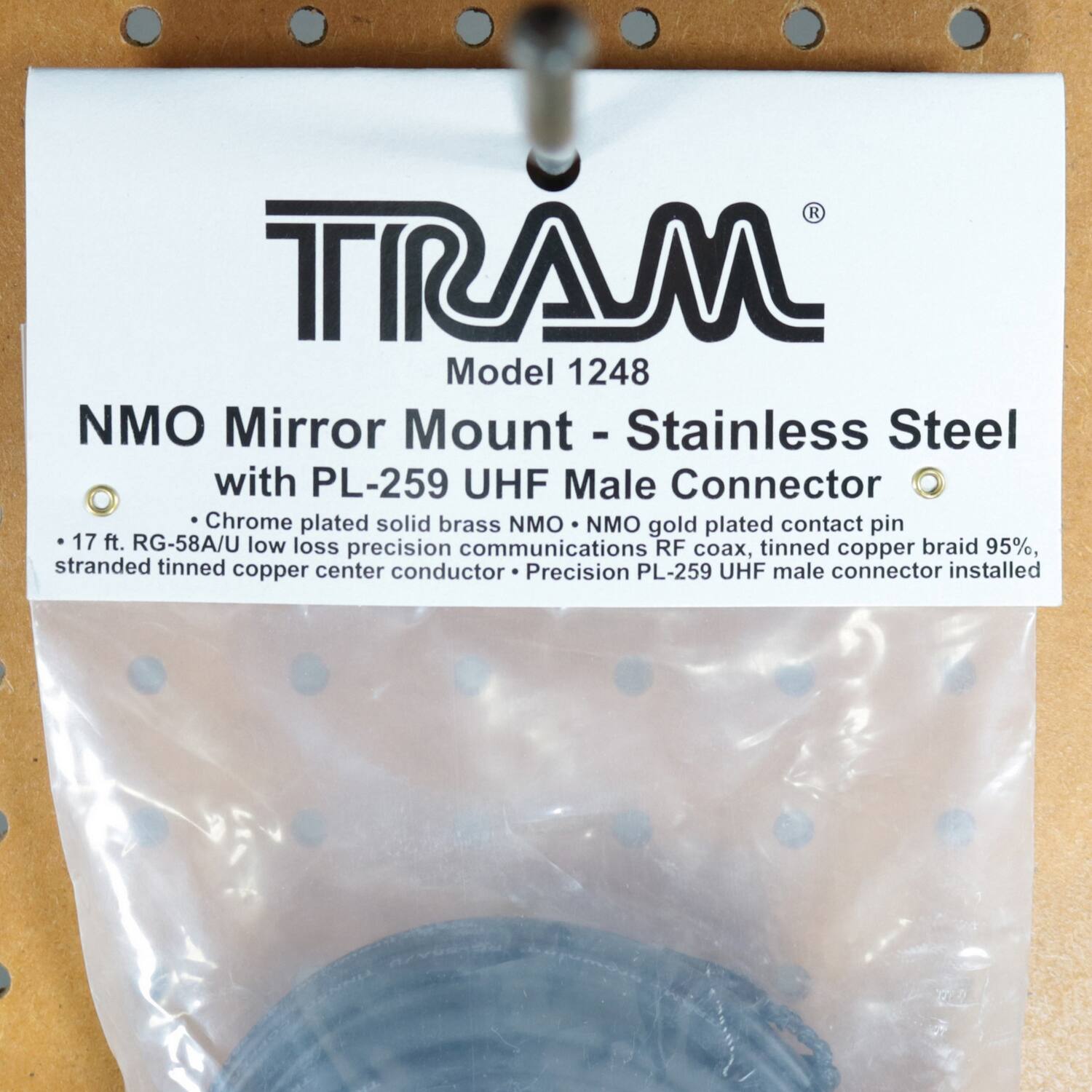 TRAM Model 1248 NMO Mirror Mount - Stainless Steel with PL-259 UHF Male Connector  
- Chrome plated solid brass NMO  
- Gold plated contact pin  
- 17 ft. RG-58A/U low loss precision communications RF coax, tinned copper braid 95%, stranded tinned copper center conductor  
- Precision PL-259 UHF male connector installed