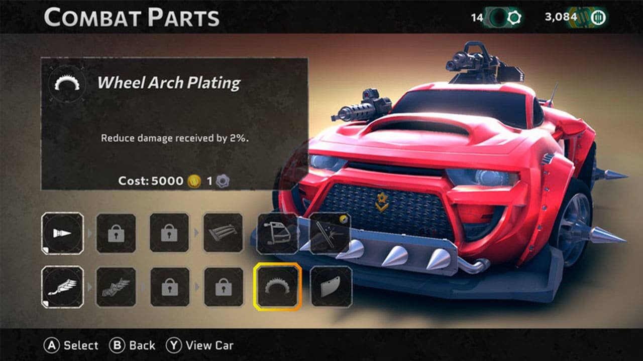 COMBAT PARTS

Wheel Arch Plating  
Reduce damage received by 2%.  
Cost: 5000 B 1

14 3,084

A Select  
B Back  
Y View Car