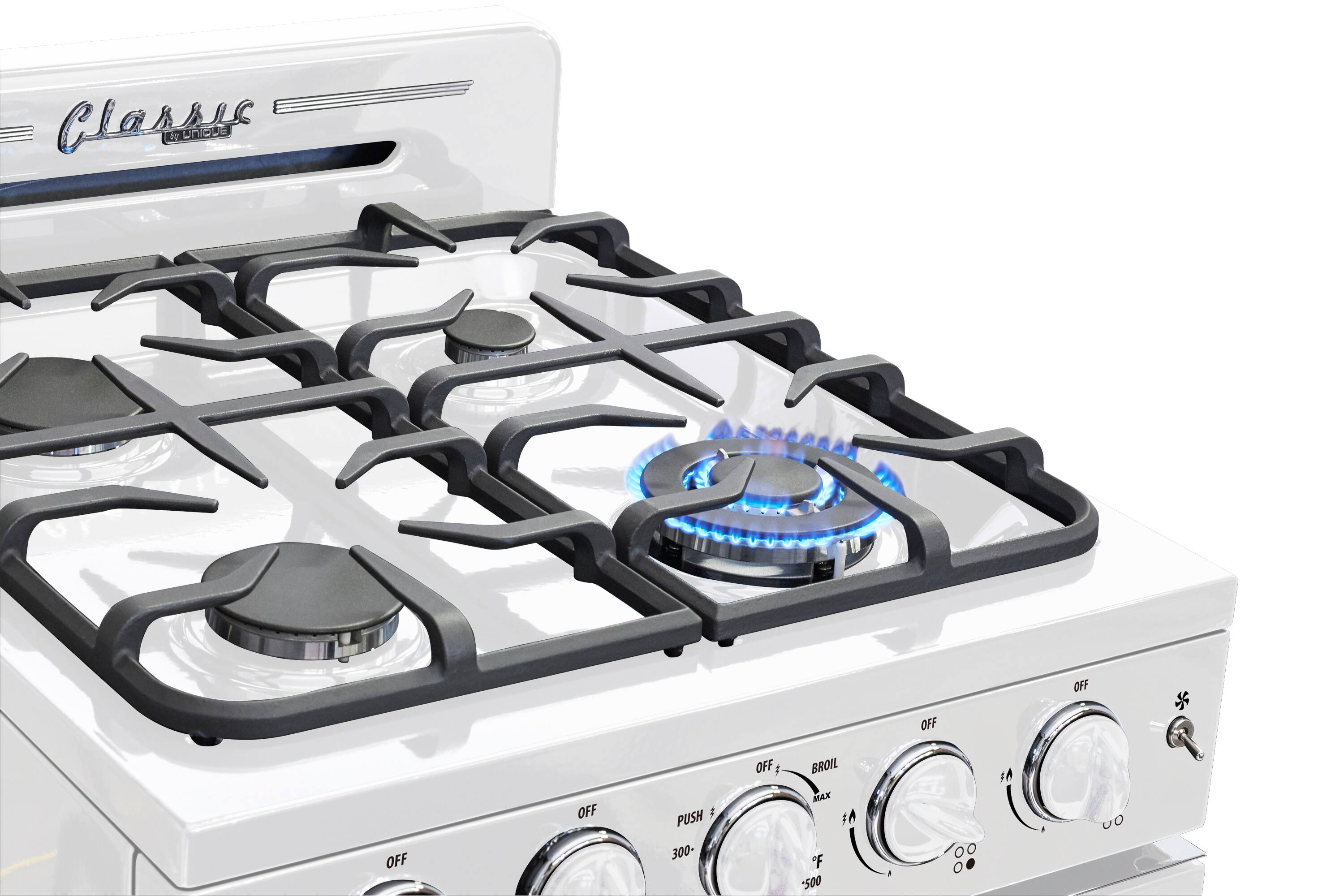 The text on the image reads "Classic" and is displayed on the top of the stove. The stove has four burners, with one of them currently lit. The burners are labeled with the numbers 1, 2, 3, and 4, and the stove is set to "Off" for all burners except the one that is lit.