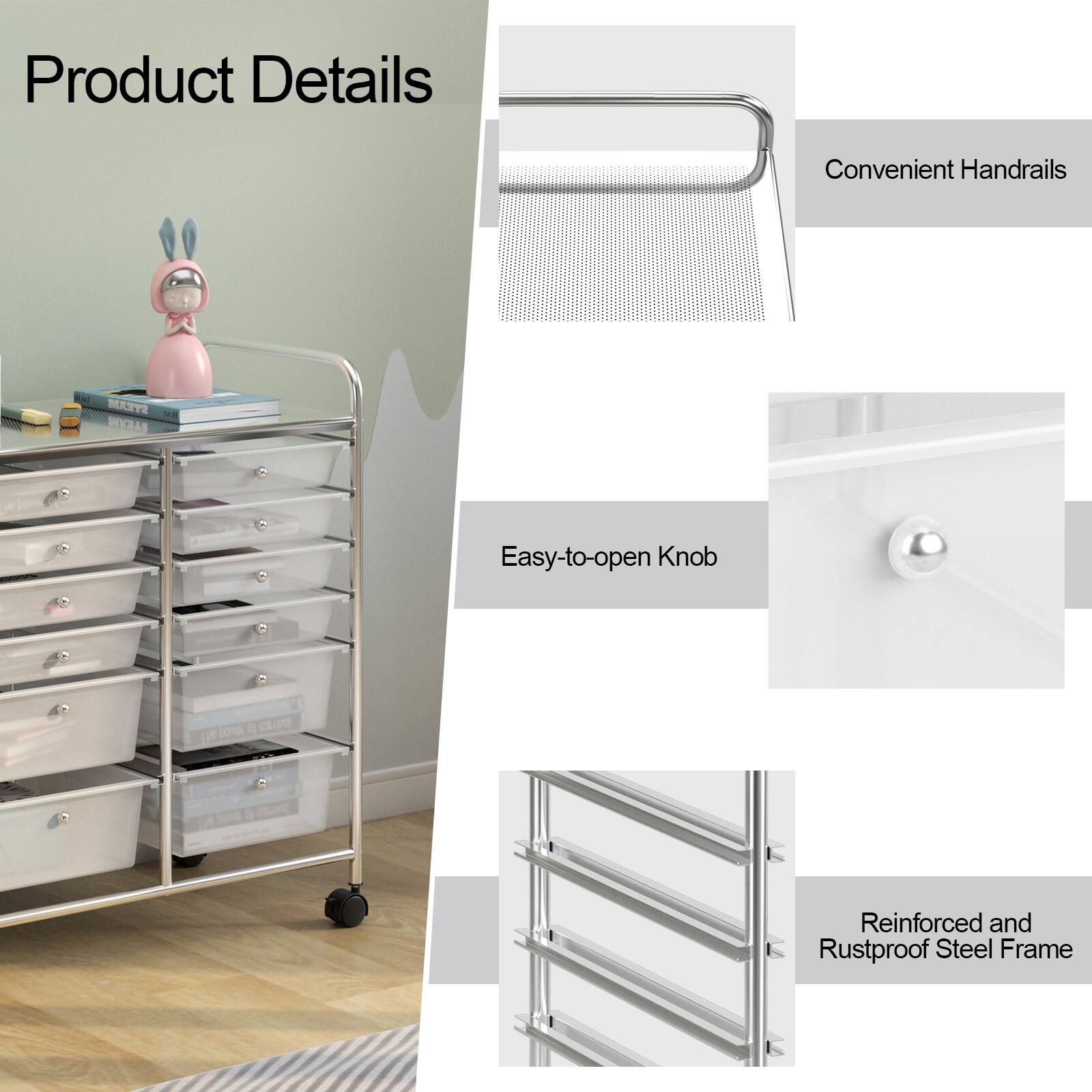 Product Details: Convenient Handrails, Easy-to-open Knob, Reinforced and Rustproof Steel Frame.