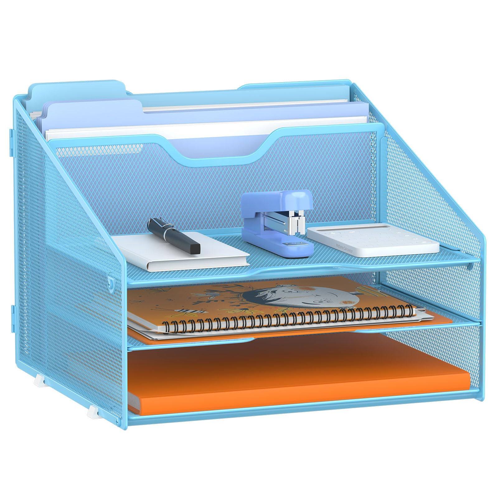 Front. Paradigms Interiors - Letter Tray Organizer Mesh Desk File With 3 Paper Trays And 2 Vertical Upright Section () - Blue.