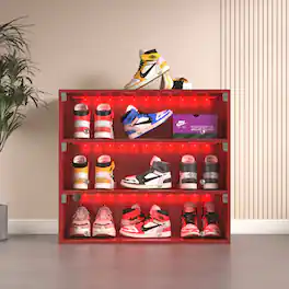 GOODSILO - Premium LED Light Shoe Display Cabinet with Glass Doors - Three-Tier Storage Solution for Sneaker Enthusiasts - Red
