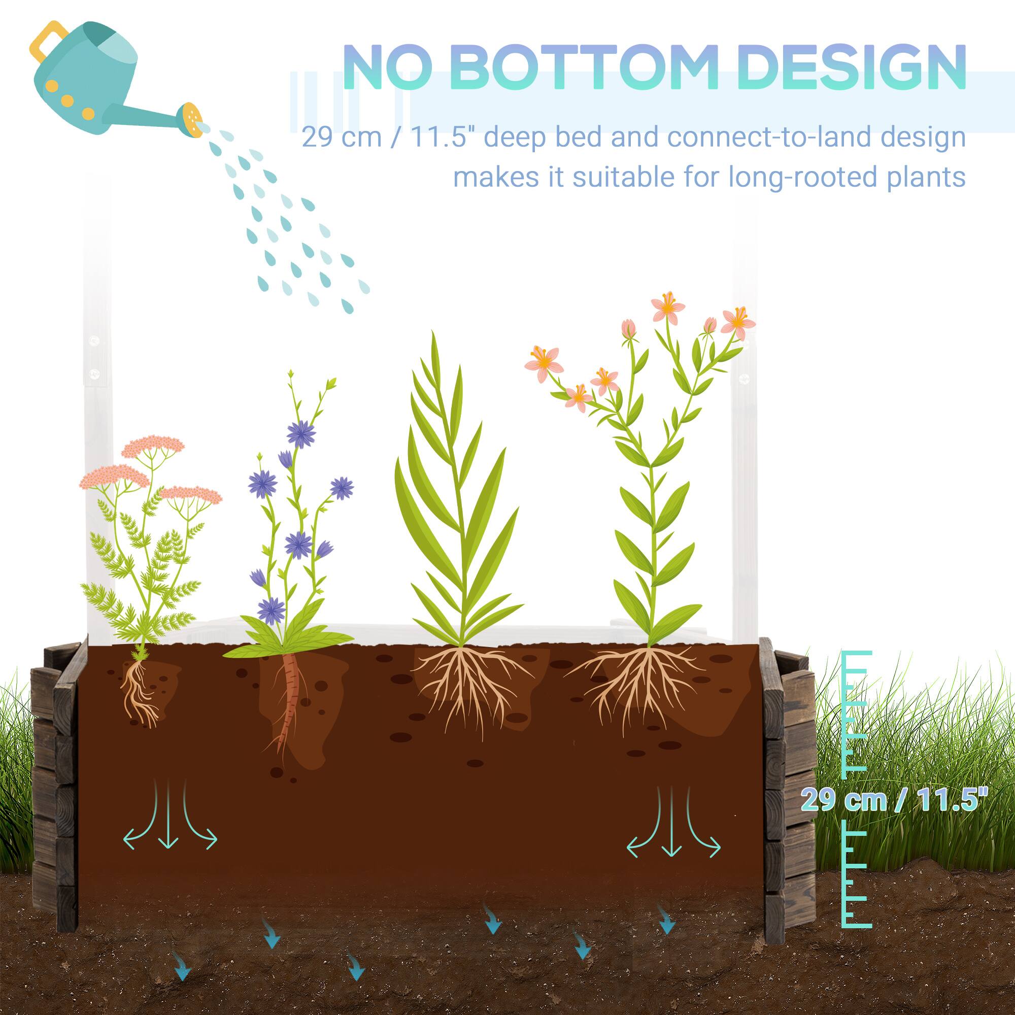 NO BOTTOM DESIGN  
29 cm / 11.5" deep bed and connect-to-land design makes it suitable for long-rooted plants