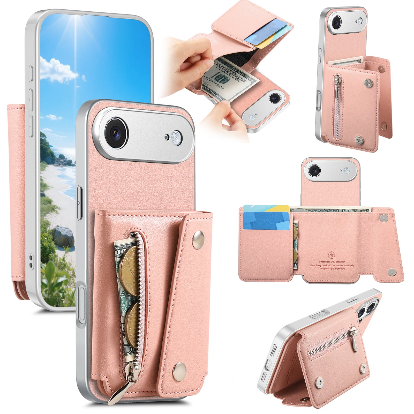 Dteck - PU Leather Wallet Case for Apple iPhone Air, Shockproof Kickstand Phone Cover with Card Slots and Zipper Pocket - Pink price history on PriceWatchPro