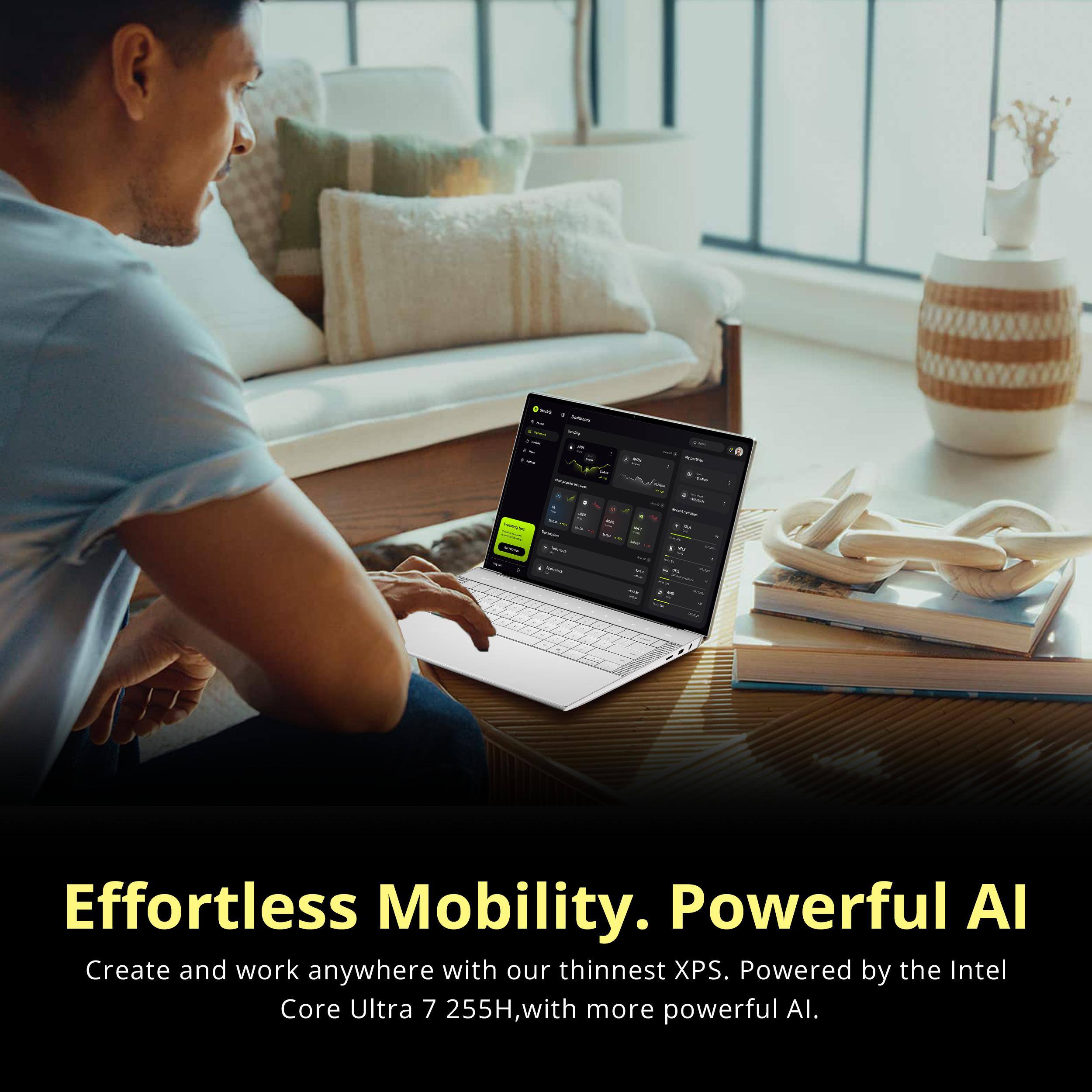 Effortless Mobility. Powerful AI  
Create and work anywhere with our thinnest XPS. Powered by the Intel Core Ultra 7 255H, with more powerful AI.