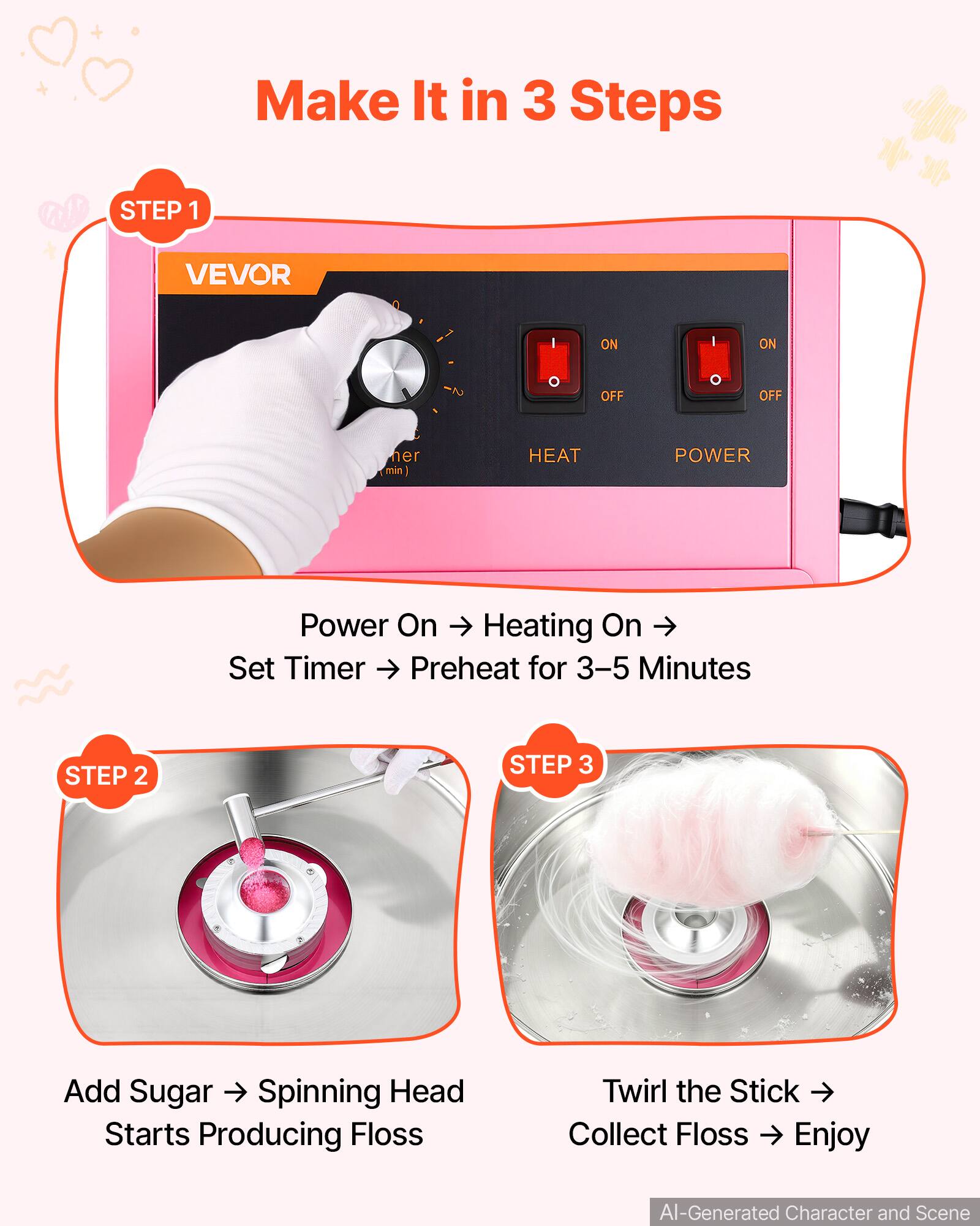 Make It in 3 Steps

STEP 1
VEVOR
ON
ON
OFF
OFF
HEAT
POWER
Power On → Heating On → Set Timer → Preheat for 3-5 Minutes

STEP 2
Add Sugar → Spinning Head Starts Producing Floss

STEP 3
Twirl the Stick → Collect Floss → Enjoy

AI-Generated Character and Scene