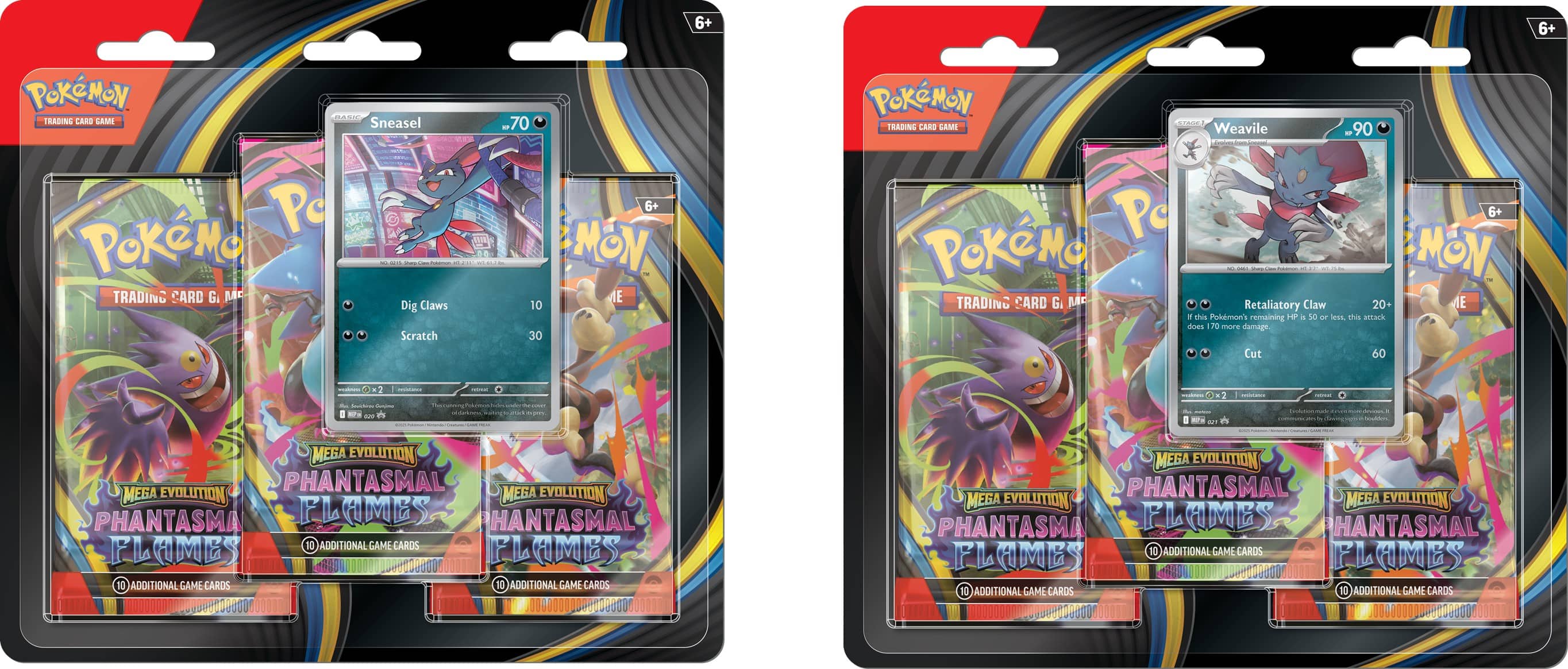 **Sneasel:**
- 6+ Pokémon Trading Card Game
- Sneasel -70
- Pokémon Trading Card Game
- Dig Claws 10
- Scratch 30
- MEGA EVOLUTION PHANTASMAL FLAMES
- 10 ADDITIONAL GAME CARDS

**Weavile:**
- 6+ Pokémon Trading Card Game
- Weavile -90
- Pokémon Trading Card Game
- Retaliatory Claw 20+
- Cut 60
- MEGA EVOLUTION PHANTASMAL FLAMES
- 10 ADDITIONAL GAME CARDS

**Additional Information:**
- 6+ Pokémon Trading Card Game
- MEGA EVOLUTION PHANTASMAL FLAMES
- 10 ADDITIONAL GAME CARDS