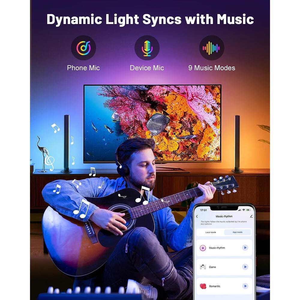 Dynamic Light Syncs with Music

Phone Mic Device Mic 9 Music Modes

Music rhythm
The lights follow the music collected by the phone mic
Local mode App mode

Music rhythm
Game
Romantic
