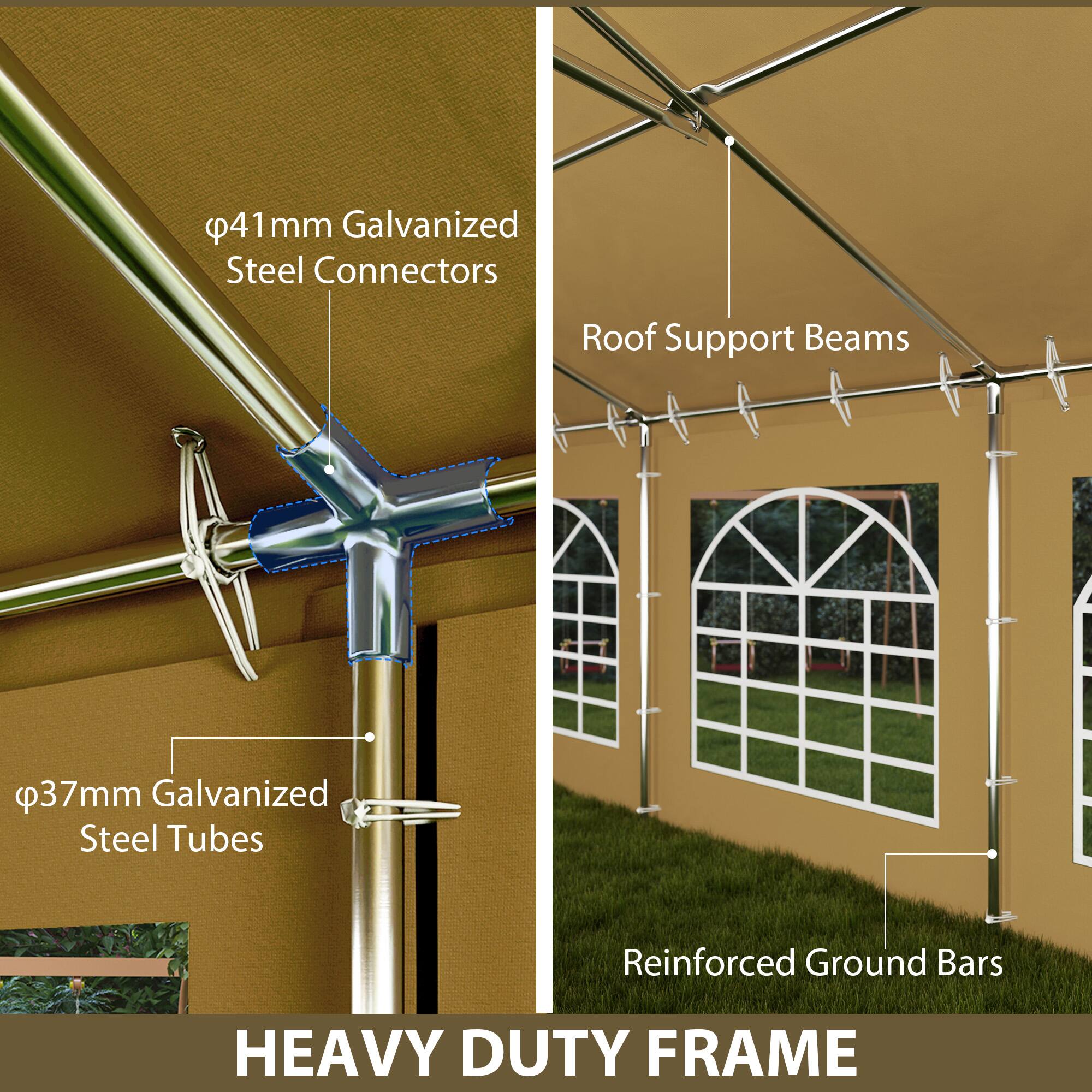 HEAVY DUTY FRAME

41mm Galvanized Steel Connectors
37mm Galvanized Steel Tubes
Roof Support Beams
Reinforced Ground Bars