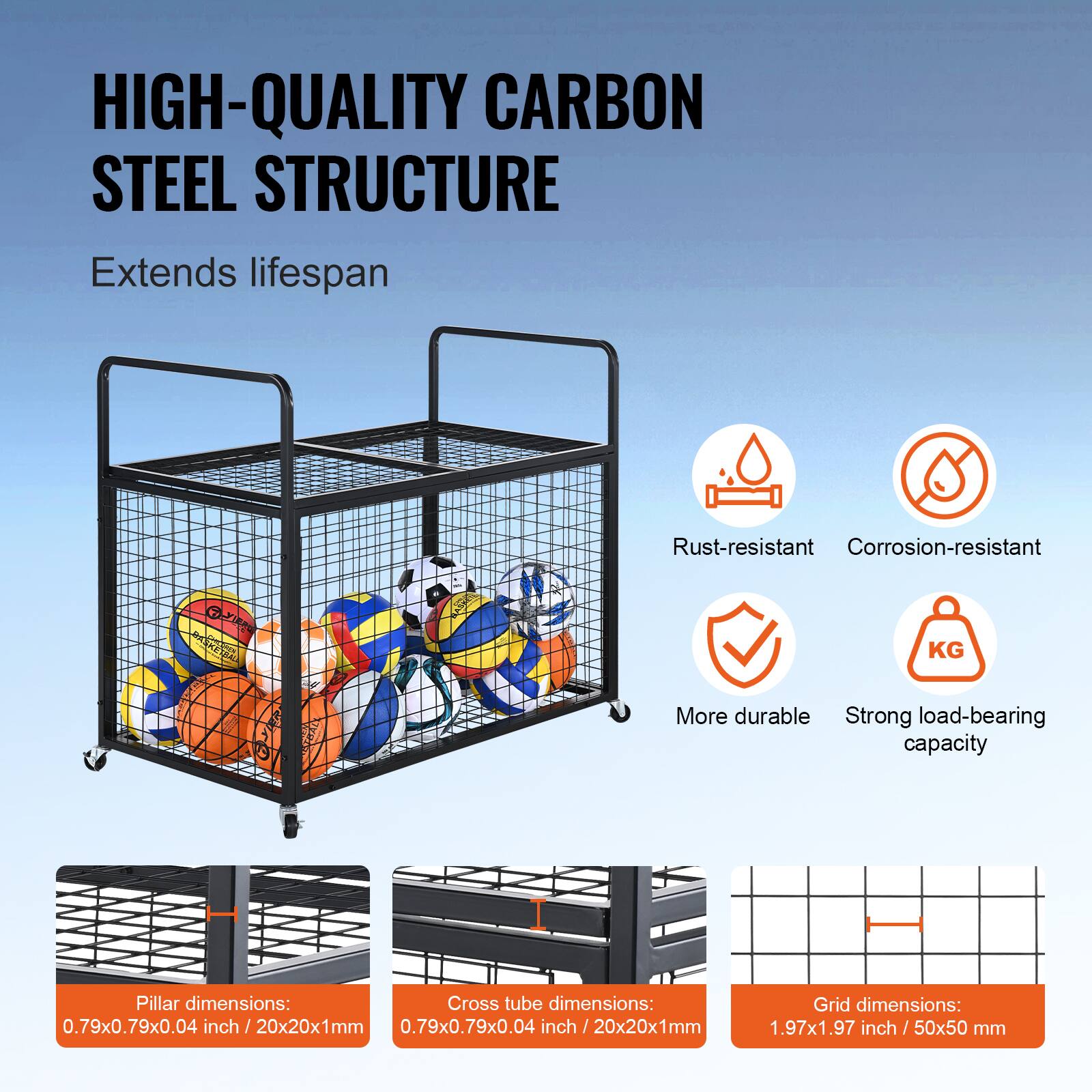 HIGH-QUALITY CARBON STEEL STRUCTURE  
Extends lifespan  
Rust-resistant  
Corrosion-resistant  
More durable  
Strong load-bearing capacity  

Pillar dimensions: 0.79x0.79x0.04 inch / 20x20x1mm  
Cross tube dimensions: 0.79x0.79x0.04 inch / 20x20x1mm  
Grid dimensions: 1.97x1.97 inch / 50x50 mm