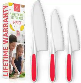 Zulay Kitchen - 3-Piece Kids Knife Set for Real Cooking & Baking - For Toddler Cutting Fruits, Veggies, & Cake - Red