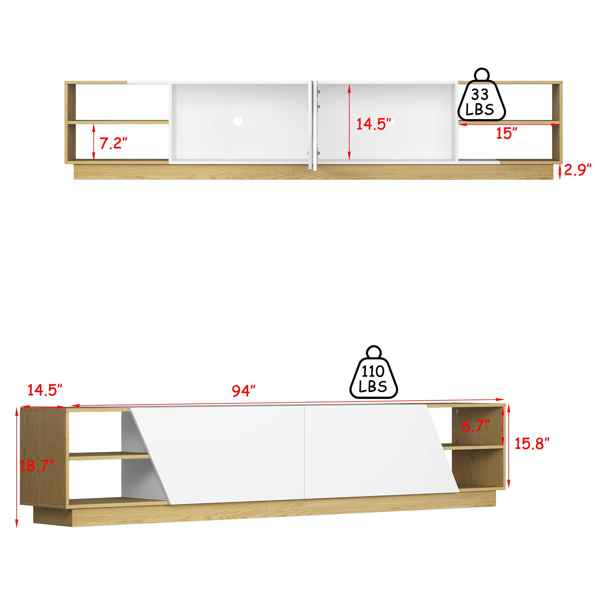 7.2", 14.5", 33 LBS, 15", 2.9", 14.5", 94", 110 LBS, 18.7", 6.7", 15.8"