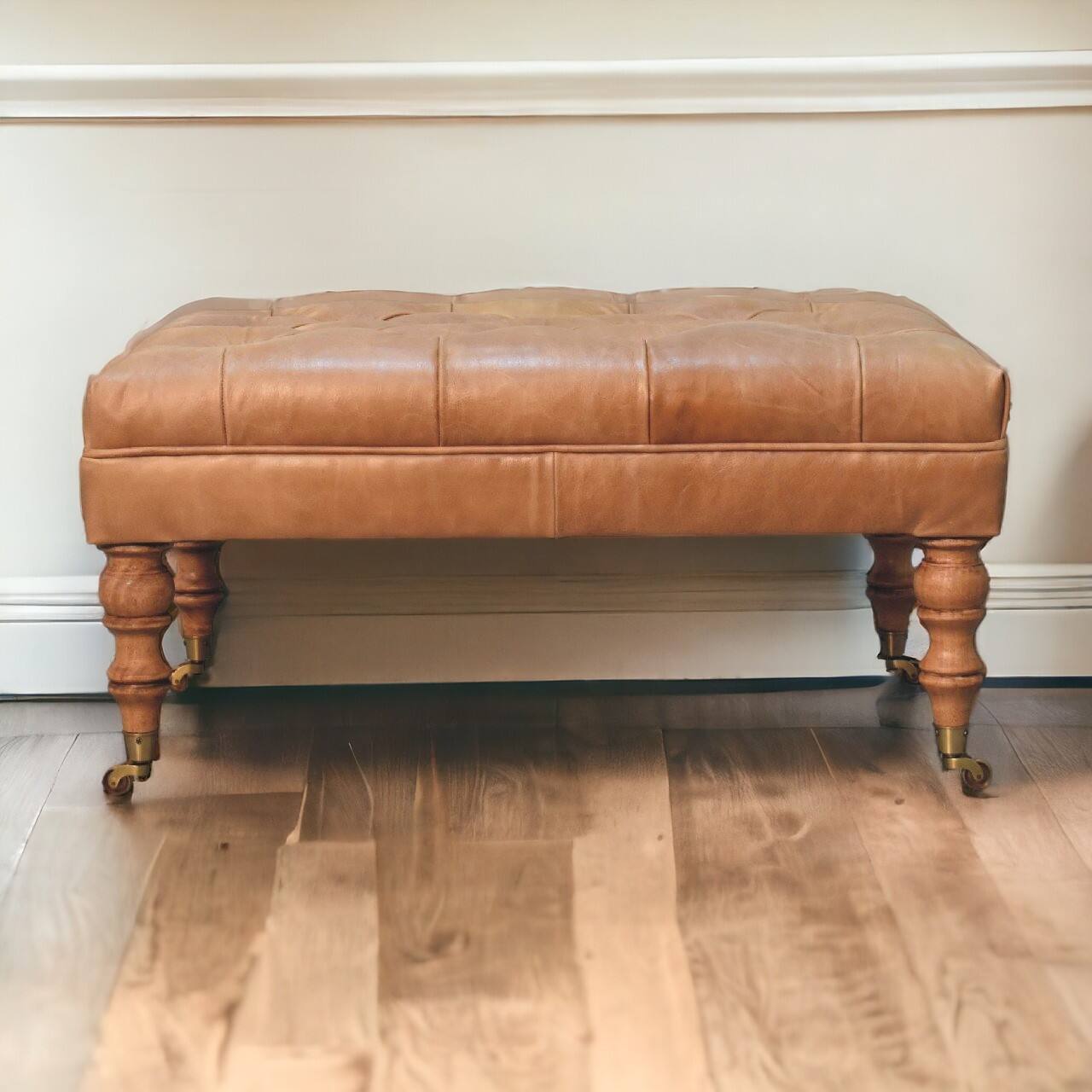 Alt View 7. Artisan Furniture - Artisan Furniture Solid Wood Buffalo Tan Leather Ottoman with Castor Legs, Upholstered, Brown - Brown.