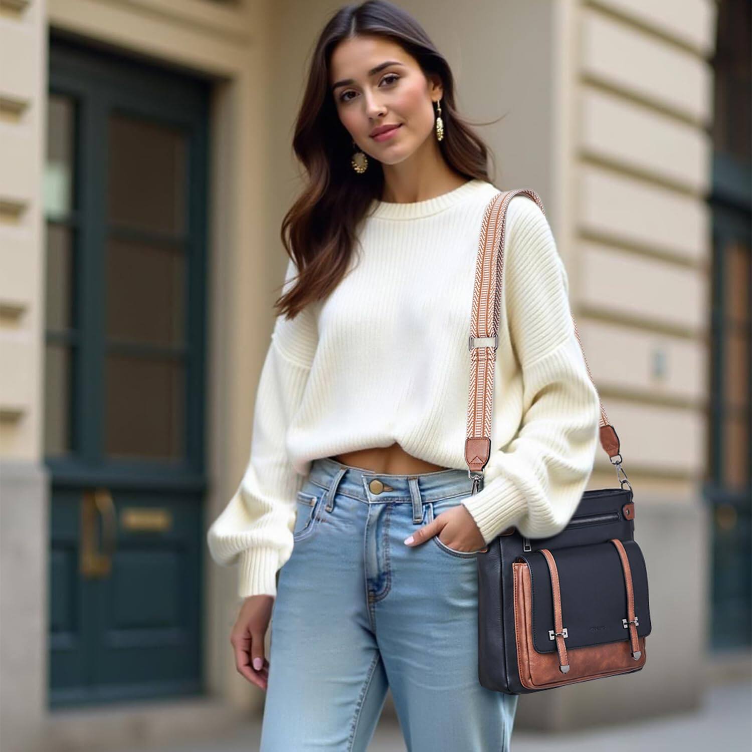 Left. Fabibe - Crossbody Bags For Women Multi Pocket Purses Vegan Leather Shoulder Handbags Travel Purse Adjustable Strap - Brown.