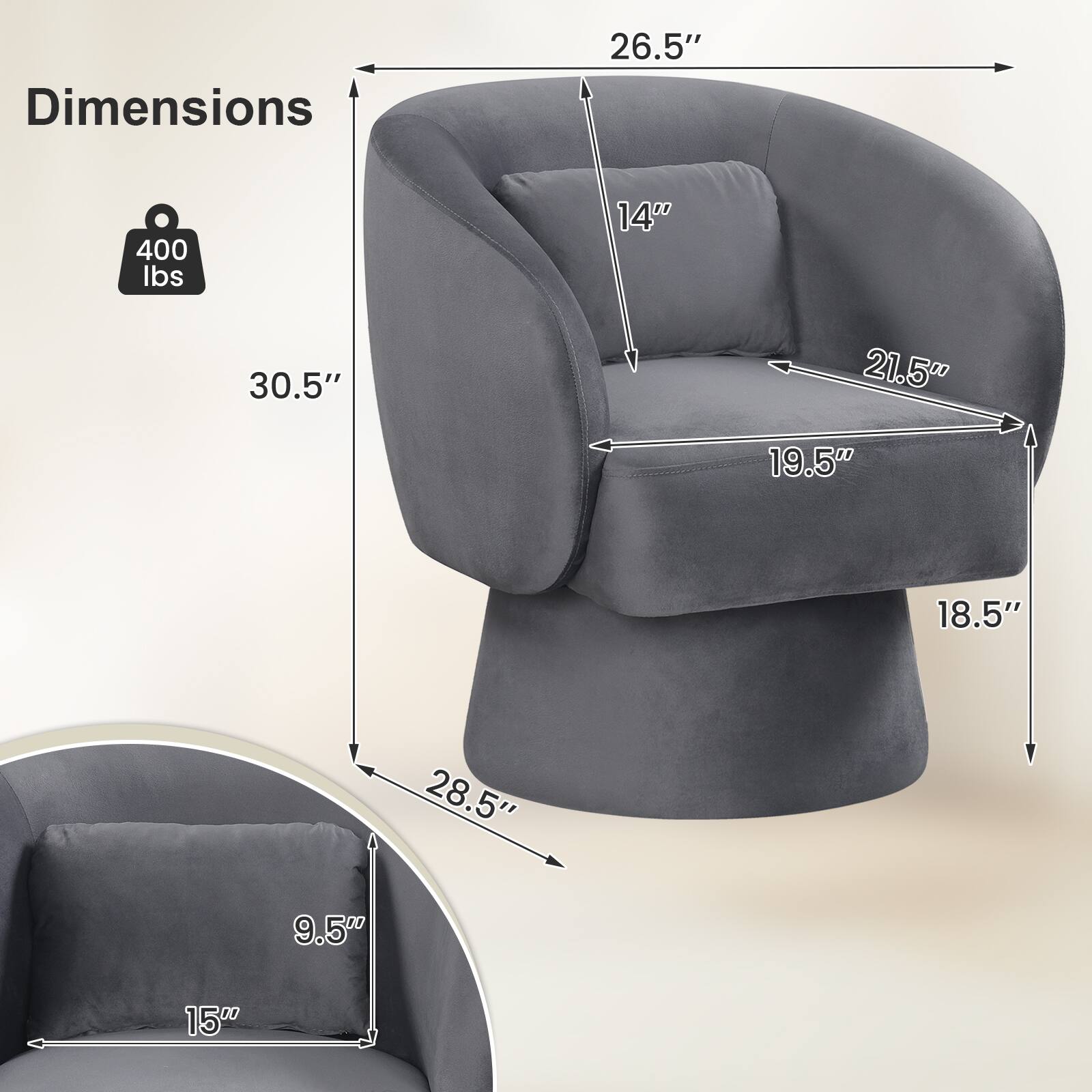 Dimensions
26.5"
400 lbs
14"
30.5"
21.5" 19.5"
18.5"
28.5"
9.5"
15"