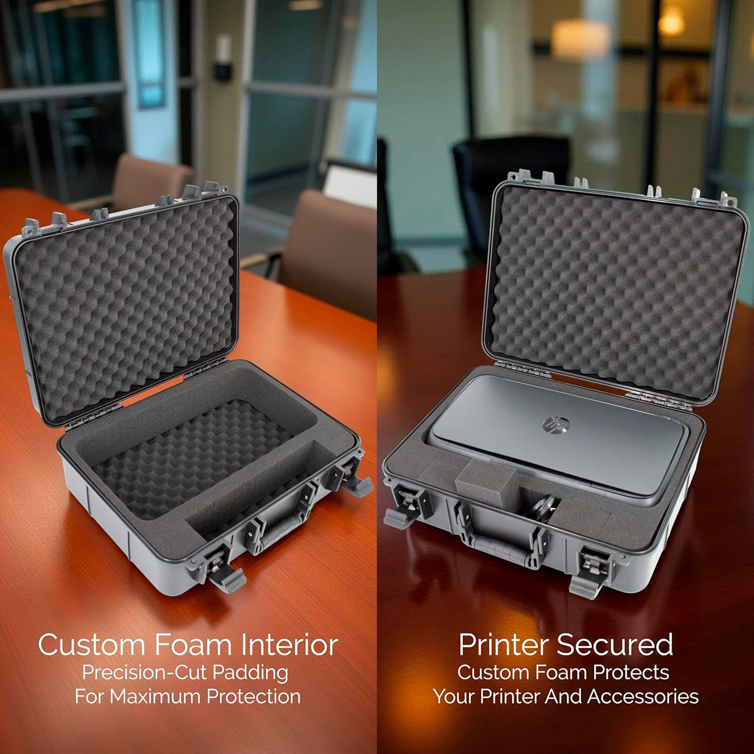 Custom Foam Interior  
Precision-Cut Padding For Maximum Protection  

Printer Secured  
Custom Foam Protects Your Printer And Accessories
