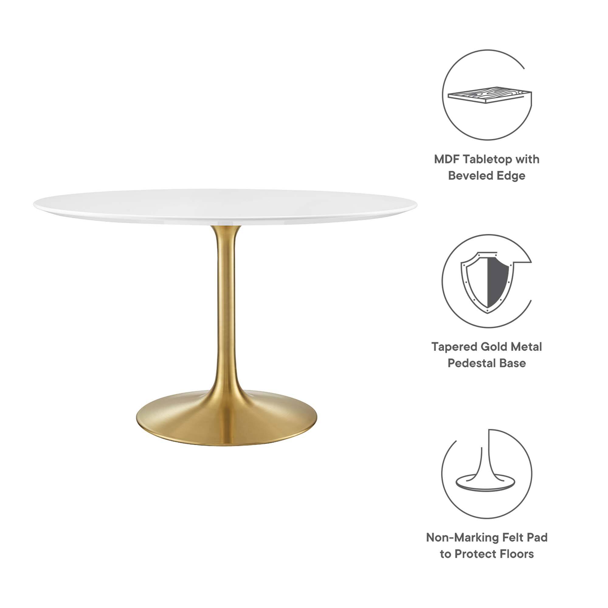 MDF Tabletop with Beveled Edge  
Tapered Gold Metal Pedestal Base  
Non-Marking Felt Pad to Protect Floors