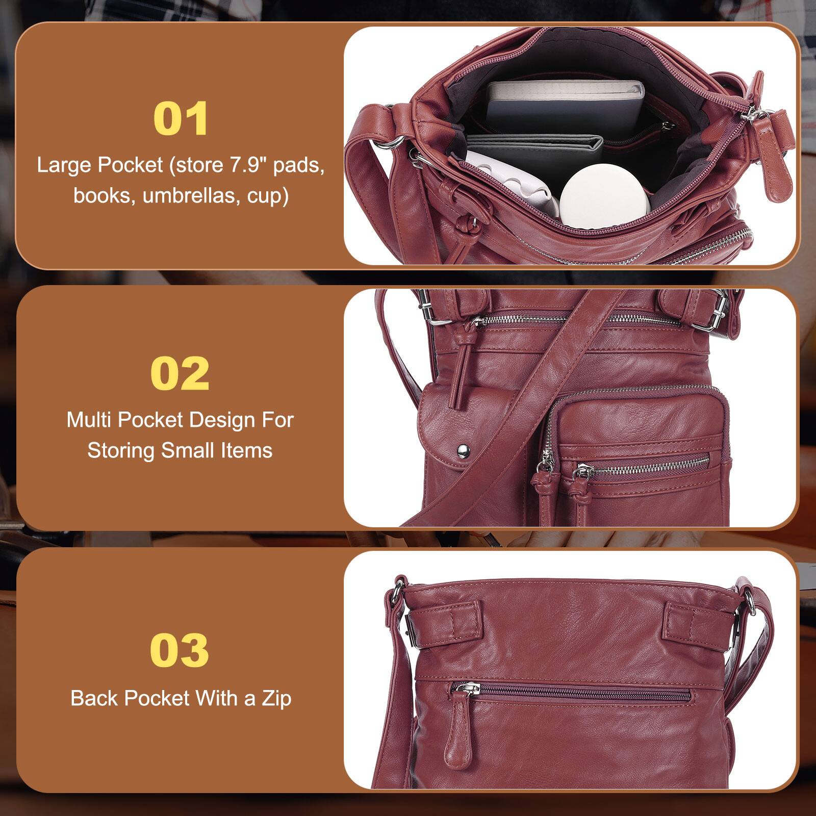 01 Large Pocket (store 7.9" pads, books, umbrellas, cup)  
02 Multi Pocket Design For Storing Small Items  
03 Back Pocket With a Zip