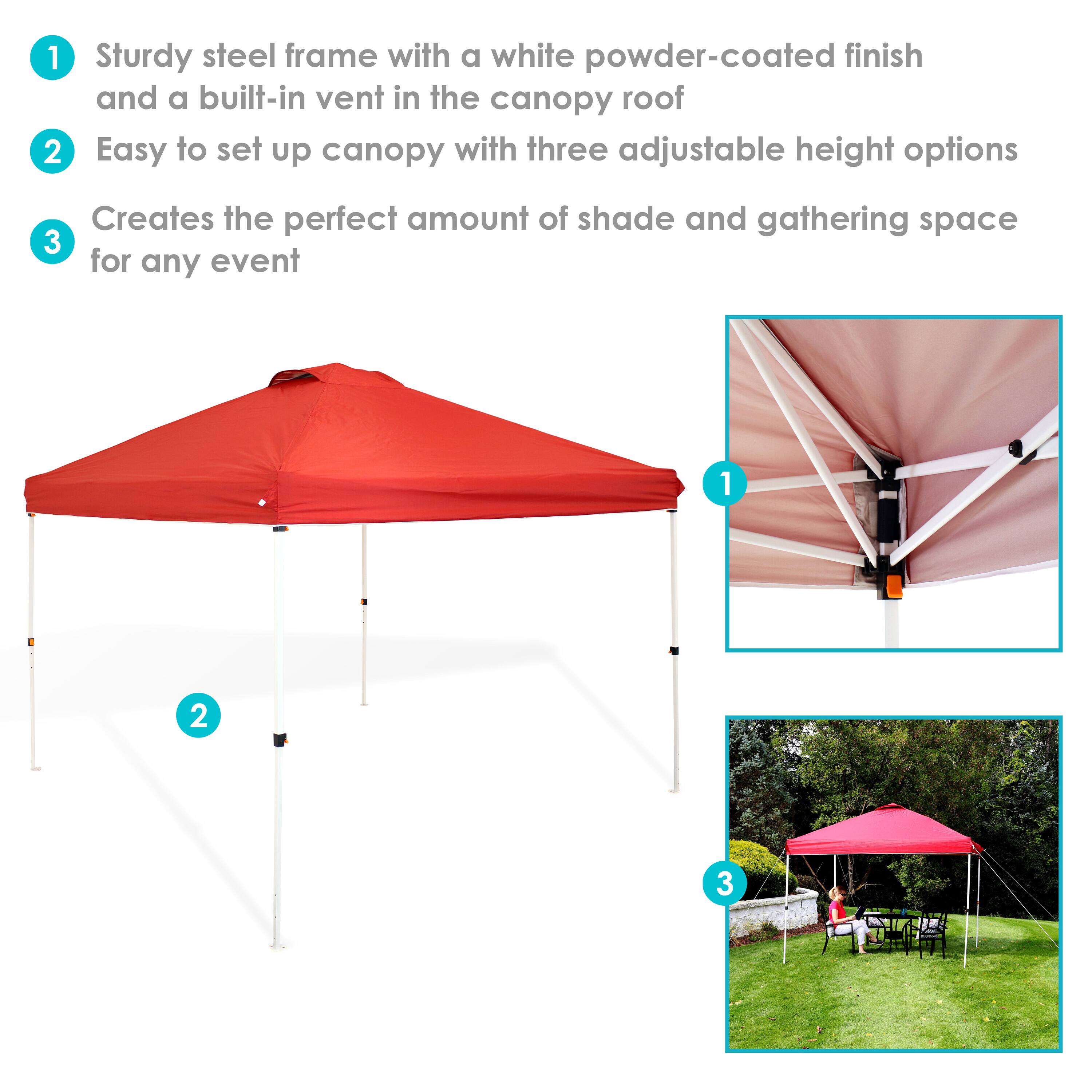 1. Sturdy steel frame with a white powder-coated finish and a built-in vent in the canopy roof  
2. Easy to set up canopy with three adjustable height options  
3. Creates the perfect amount of shade and gathering space for any event
