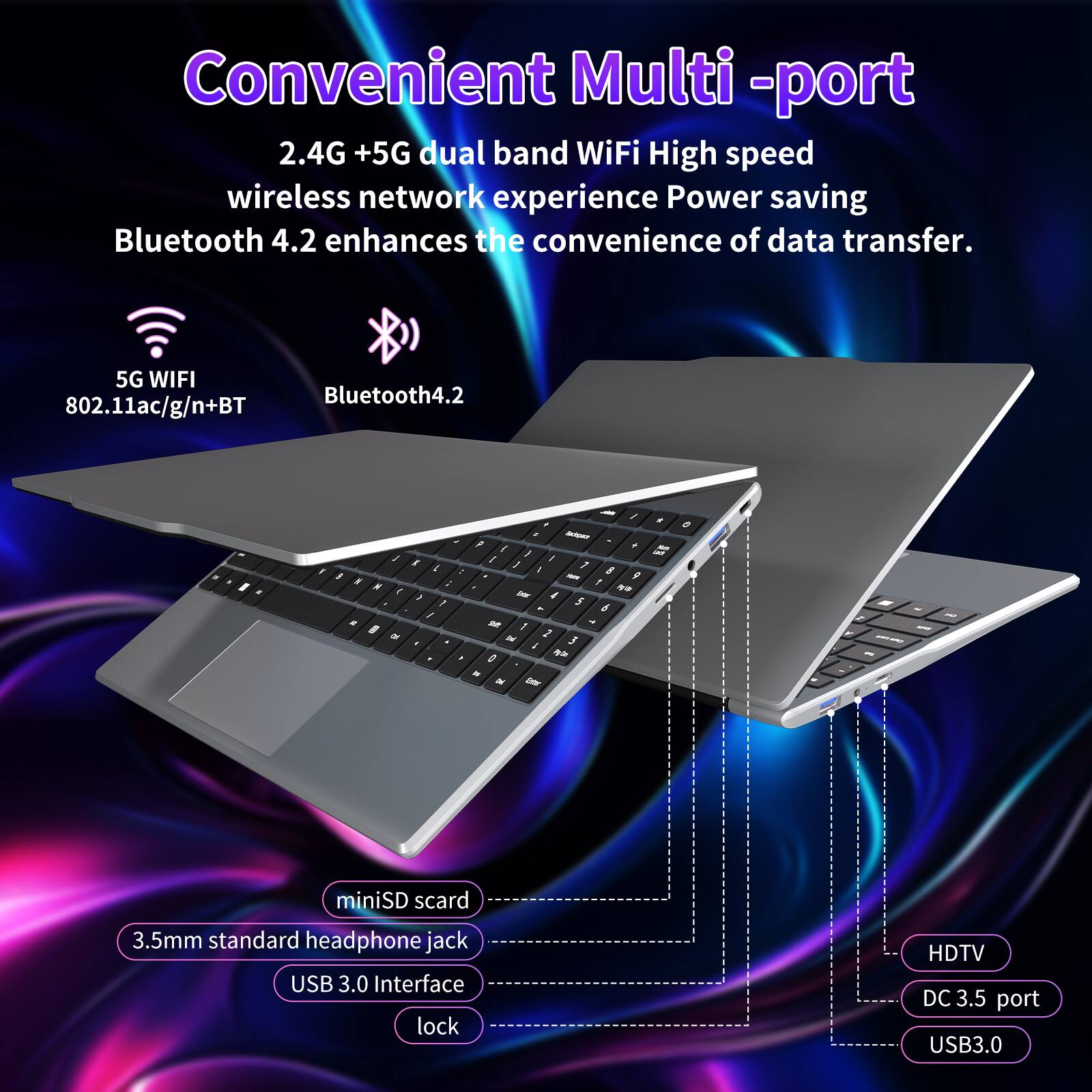 Convenient Multi-port 2.4G +5G dual band WiFi High speed wireless network experience Power saving Bluetooth 4.2 enhances the convenience of data transfer. 5G WIFI Bluetooth4.2 802.11ac/g/n+BT

miniSD scard
3.5mm standard headphone jack
USB 3.0 Interface lock
HDTV
DC 3.5 port
USB3.0