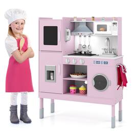 Gymax - Kids Pretend Kitchen Play Set Toddler Toy Wooden Chef Height Adjustable w/Sounds - Pink