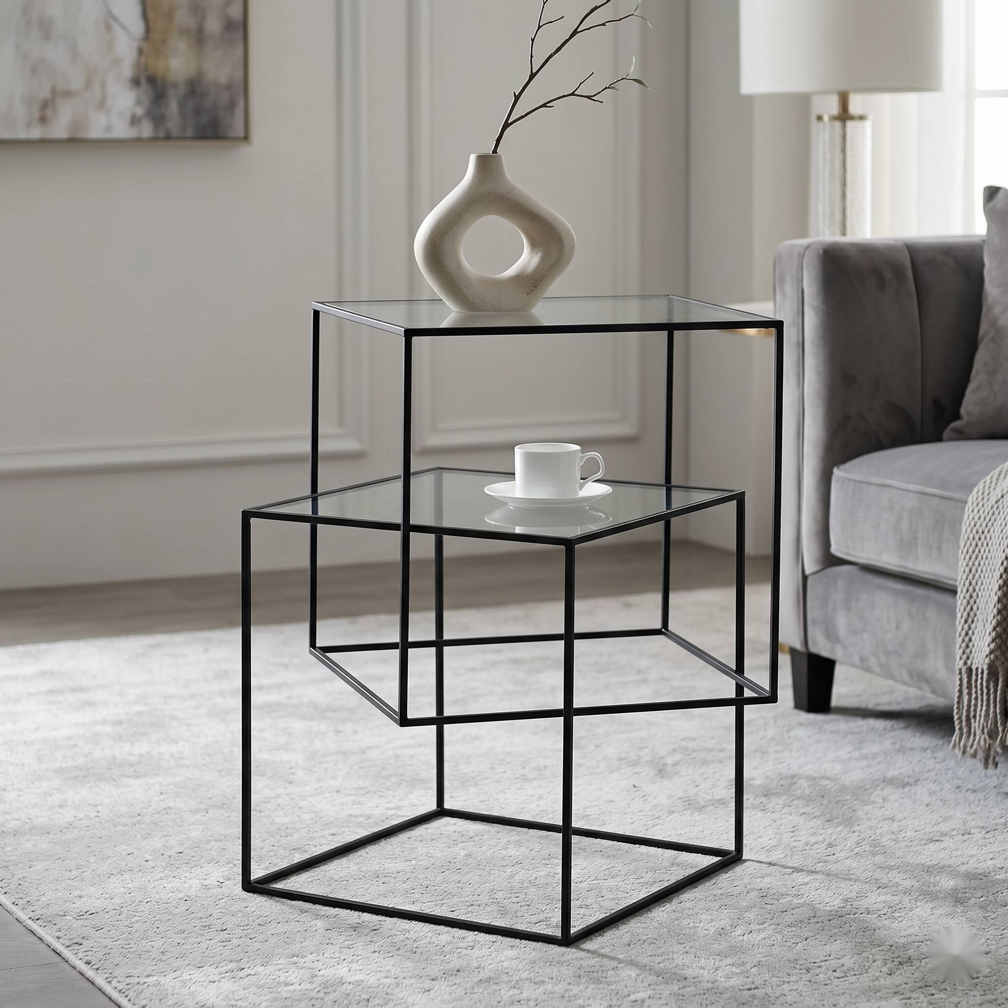 Front. E.P. Light - 2-Tier Modern Accent Nightstand Minimalist Geometric End Table - Black.