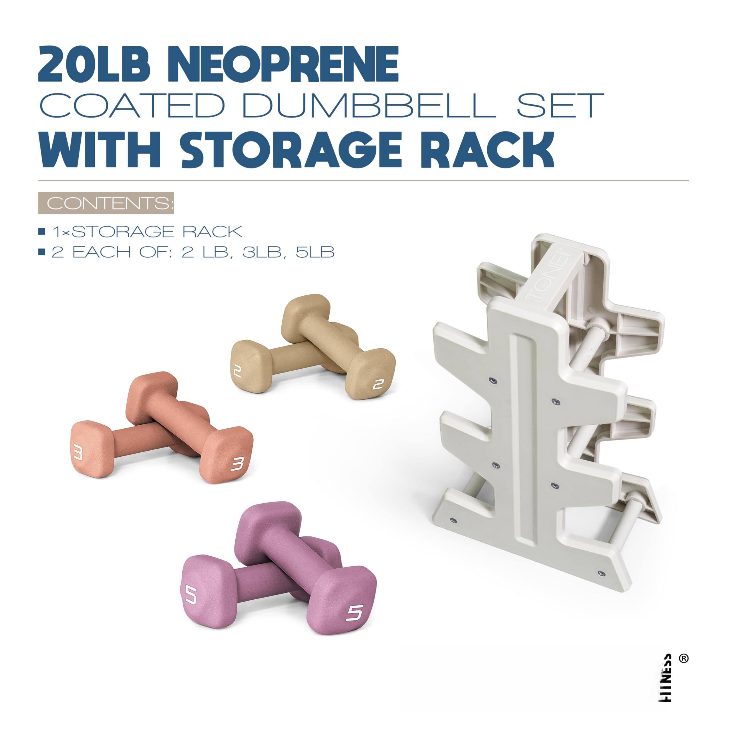 20LB NEOPRENE COATED DUMBBELL SET WITH STORAGE RACK

CONTENTS:
- 1x STORAGE RACK
- 2 EACH OF: 2 LB, 3LB, 5LB
