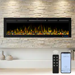 Ihomeadore - 60" Crystal 1500W Heater Smart Recessed Wall Mounted Electric Fireplace with Remote and Alexa/Google Home Support - Black