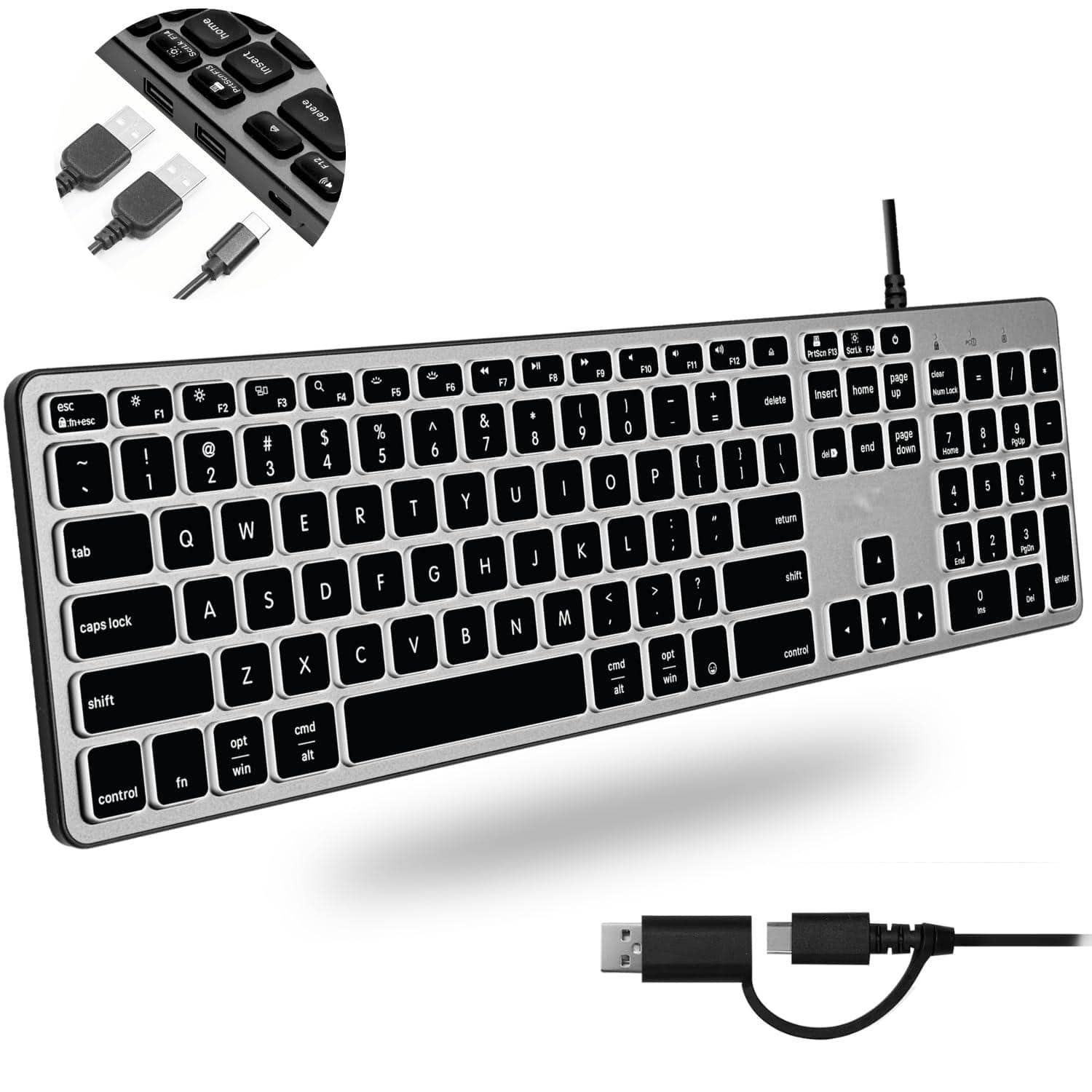 TECH SAFARI - Wired For With Usb Hub 2x Usb-a 1x Usb-c - Compatible Backlit Dual Interface Auto Os Detection Macbook Imac - Space Gray