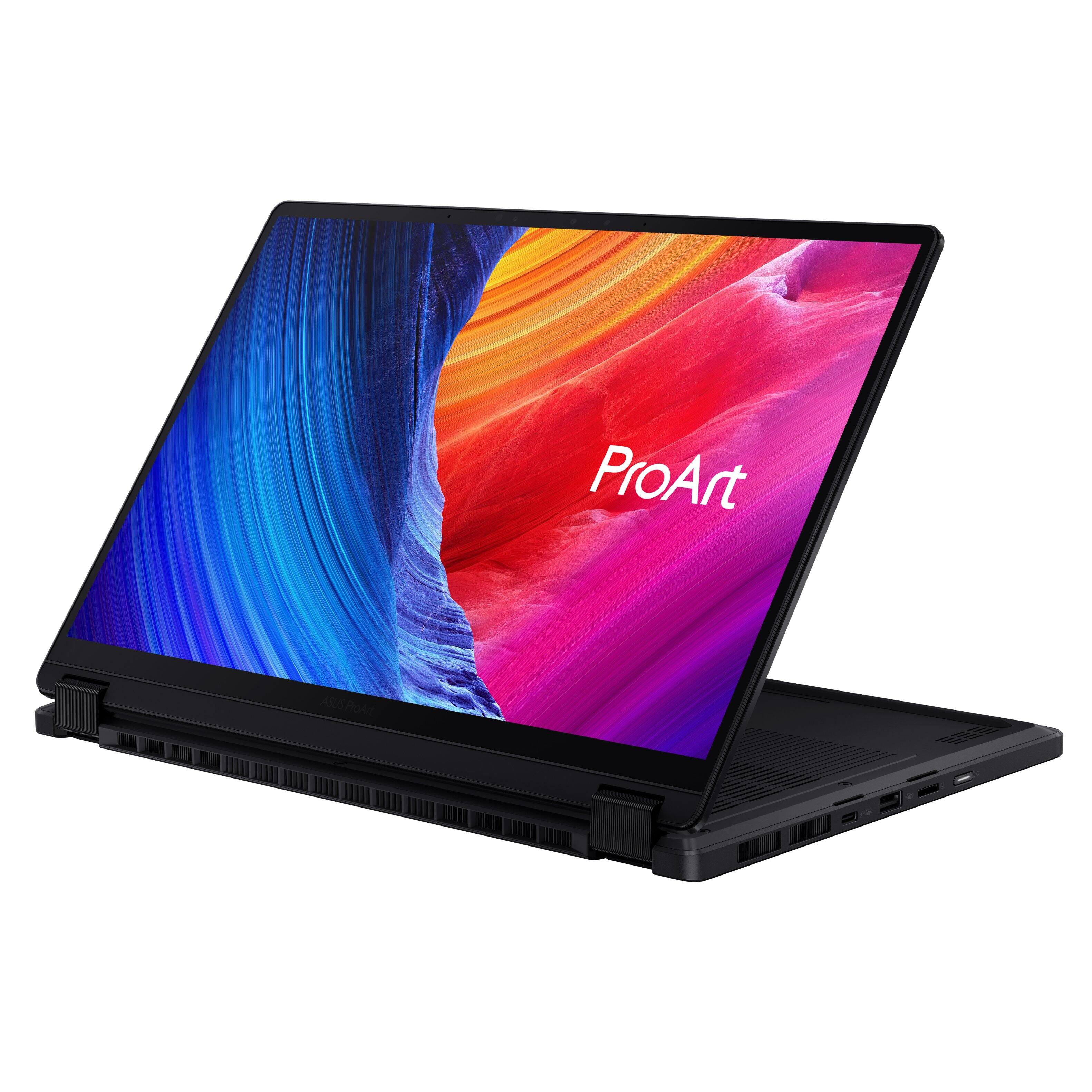 The image features a laptop with a colorful background, likely a wallpaper, and the words "ProArt" displayed on the screen. The laptop is open, showcasing the vibrant display.