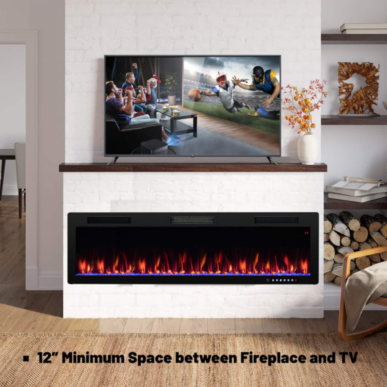LUCKY ONE - 60 Inch Recessed/Wall Mounted Electric Fireplace with 12 Colors - Black