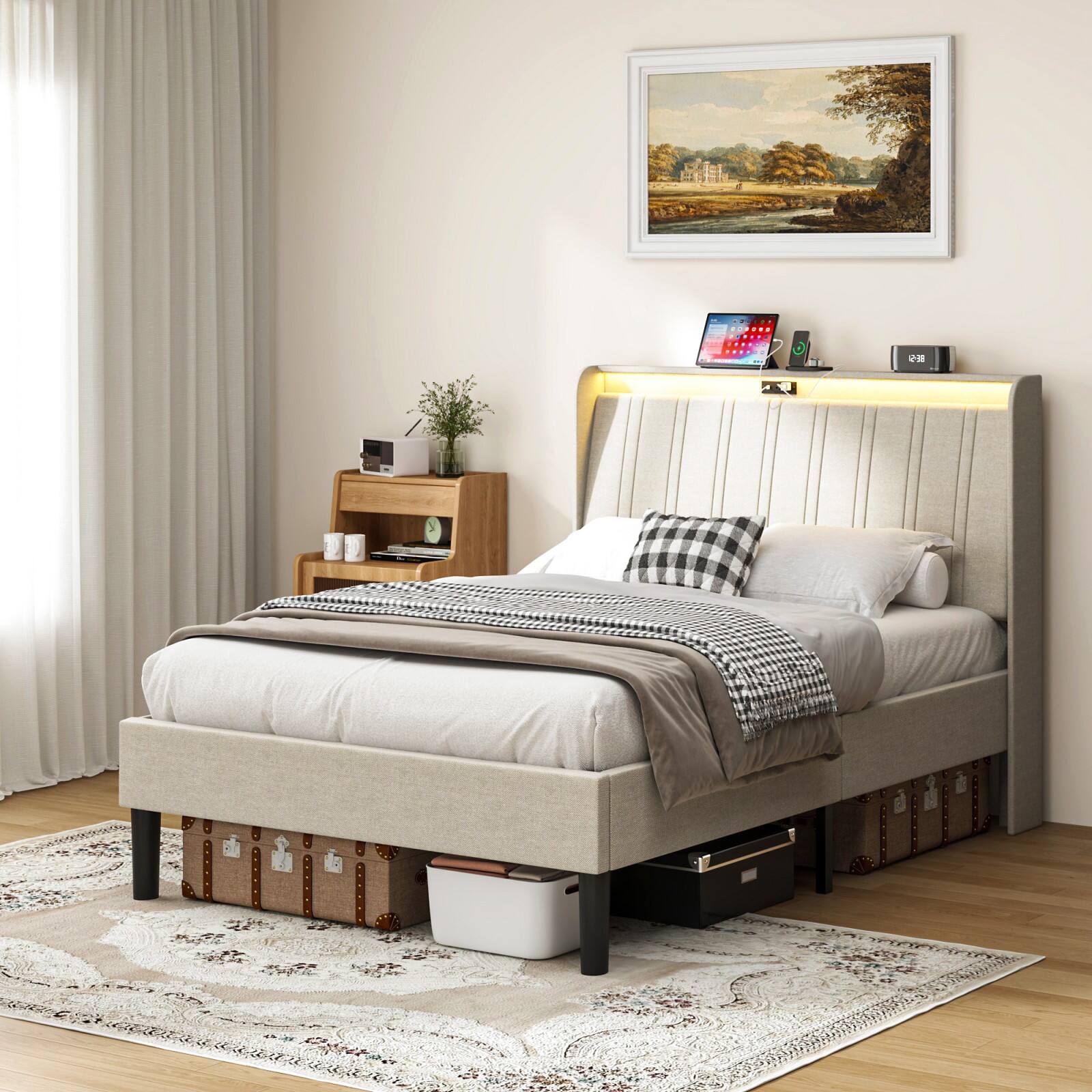 Alt View 1. Ecooso - Twin Size Platform Bed Frame with Fabric Upholstered Headboard and Wooden Slats Support - Gray.