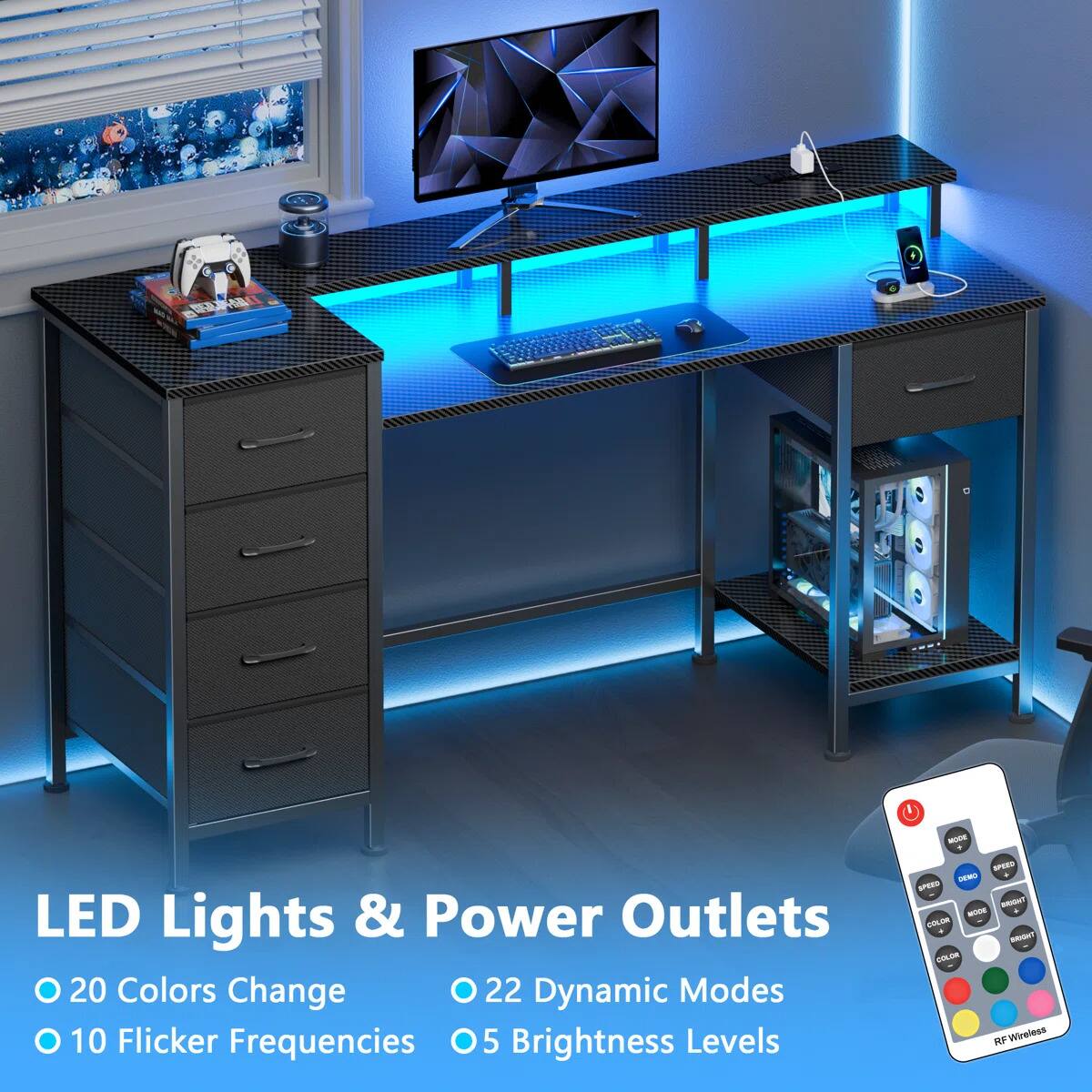 LED Lights & Power Outlets  
- 20 Colors Change  
- 22 Dynamic Modes  
- 10 Flicker Frequencies  
- 5 Brightness Levels  
- RF Wireless