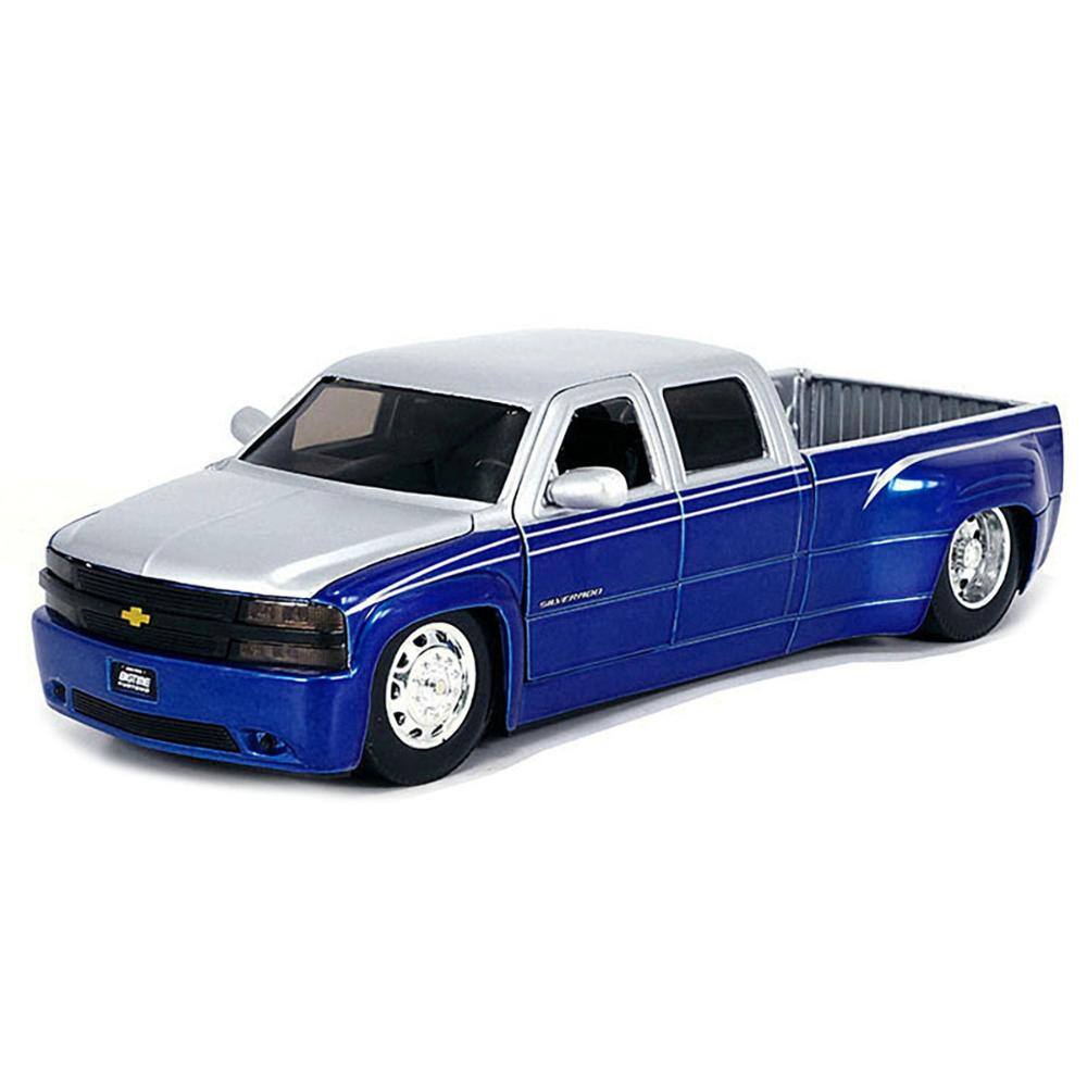 Angle. Jada - 1999 Chevrolet Silverado Dually Pickup Truck Blue Metallic and Silver with Stock Wheels "Just Trucks" Series 1/24 - Blue Metallic and Silver.