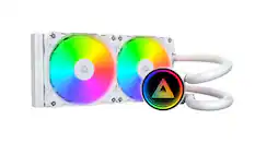 Front. Montech - LightFlow ARGB 240 CPU Liquid Cooler, 240mm AIO with Infinity Mirror Design, 3100RPM Pump, 2x120mm ARGB Fans - White.