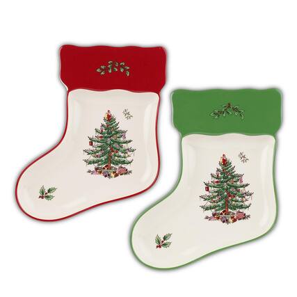 Front. Spode - Spode – Christmas Tree – Christmas Tree Stocking Dishes - Set of 2 - Multicolored.