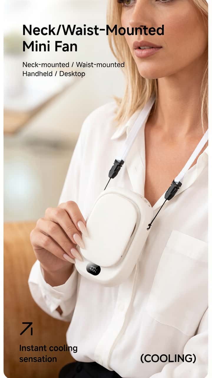 Neck/Waist-Mounted Mini Fan  
Neck-mounted / Waist-mounted / Handheld / Desktop  
Instant cooling sensation (COOLING)