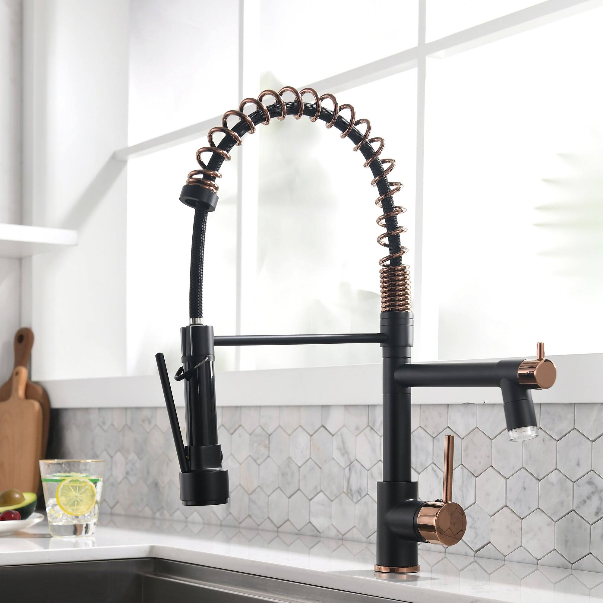 Angle. Boyel Living - Matte Black Rose Gold Single Handle Pull Down Sprayer Kitchen Faucet with LED Light and Pot Filler - Matte Black Mix Rose Gold.