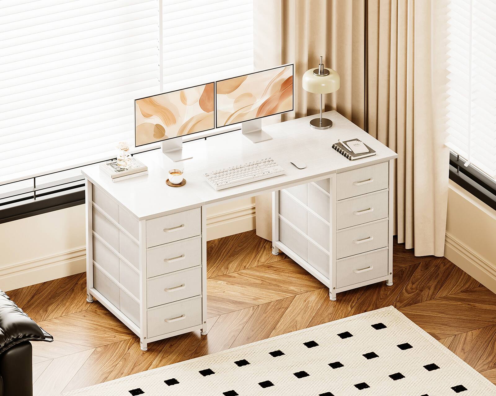 Alt View 2. AODK - Computer Desk with 8 Fabric Drawers, Large Storage Modern Office Desk for Home Office & Study - White.