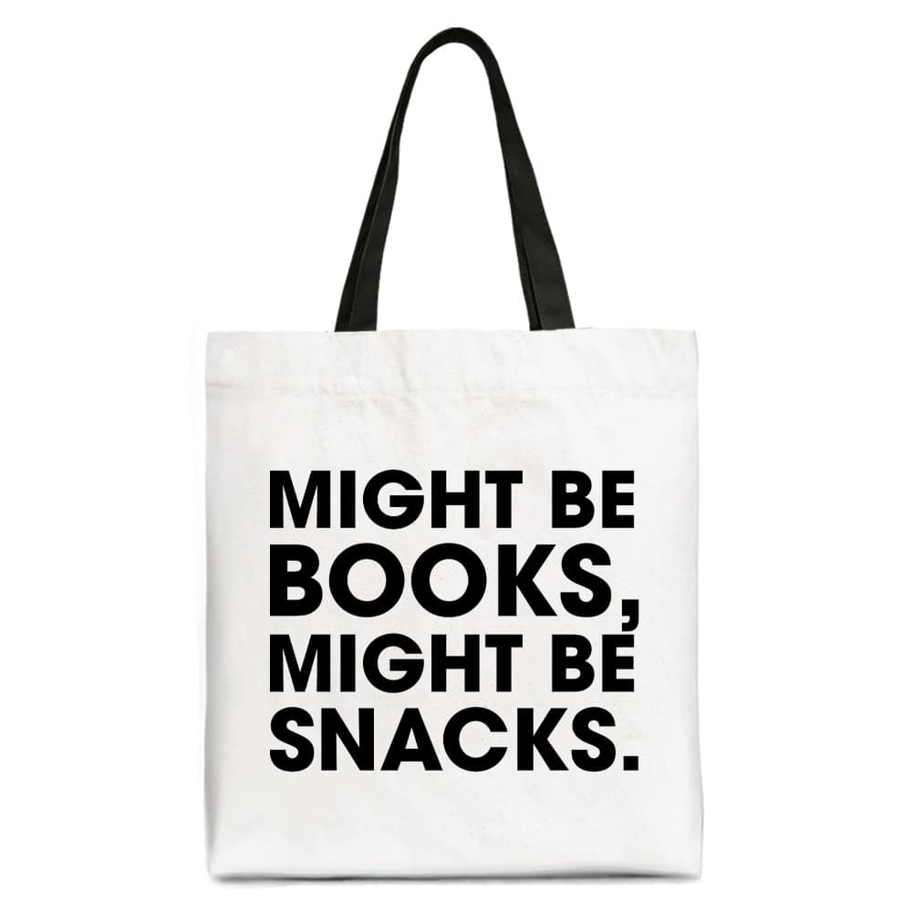 OrnamentallyYou - Might Be Books Might be Snacks Canvas Tote Bag, Minimalist Gift Shopper for Bookworms - White Black