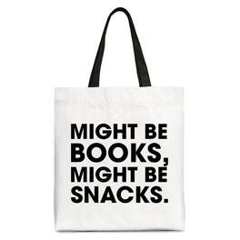 OrnamentallyYou - Might Be Books Might be Snacks Canvas Tote Bag, Minimalist Gift Shopper for Bookworms - White Black