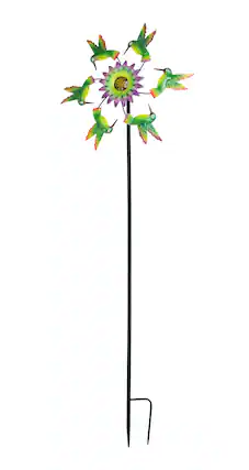 Front. Direct International - Metal Hummingbirds and Flower Garden Twirler Wind Spinner Stake 70 Inches High - Multicolored.