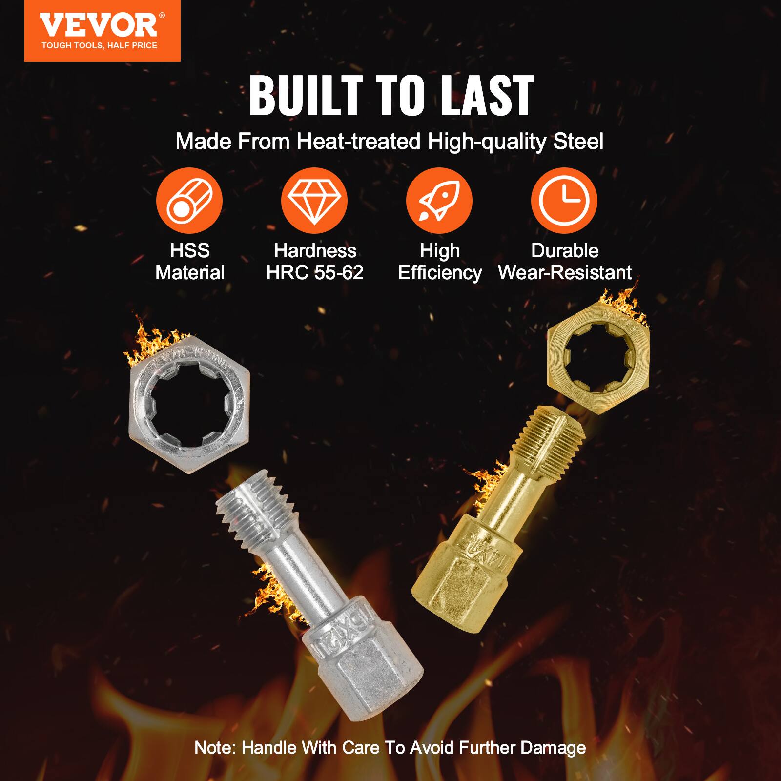 VEVOR  
TOUGH TOOLS, HALF PRICE  

BUILT TO LAST  
Made From Heat-treated High-quality Steel  

- HSS Material  
- Hardness HRC 55-62  
- High Efficiency  
- Durable Wear-Resistant  

Note: Handle With Care To Avoid Further Damage