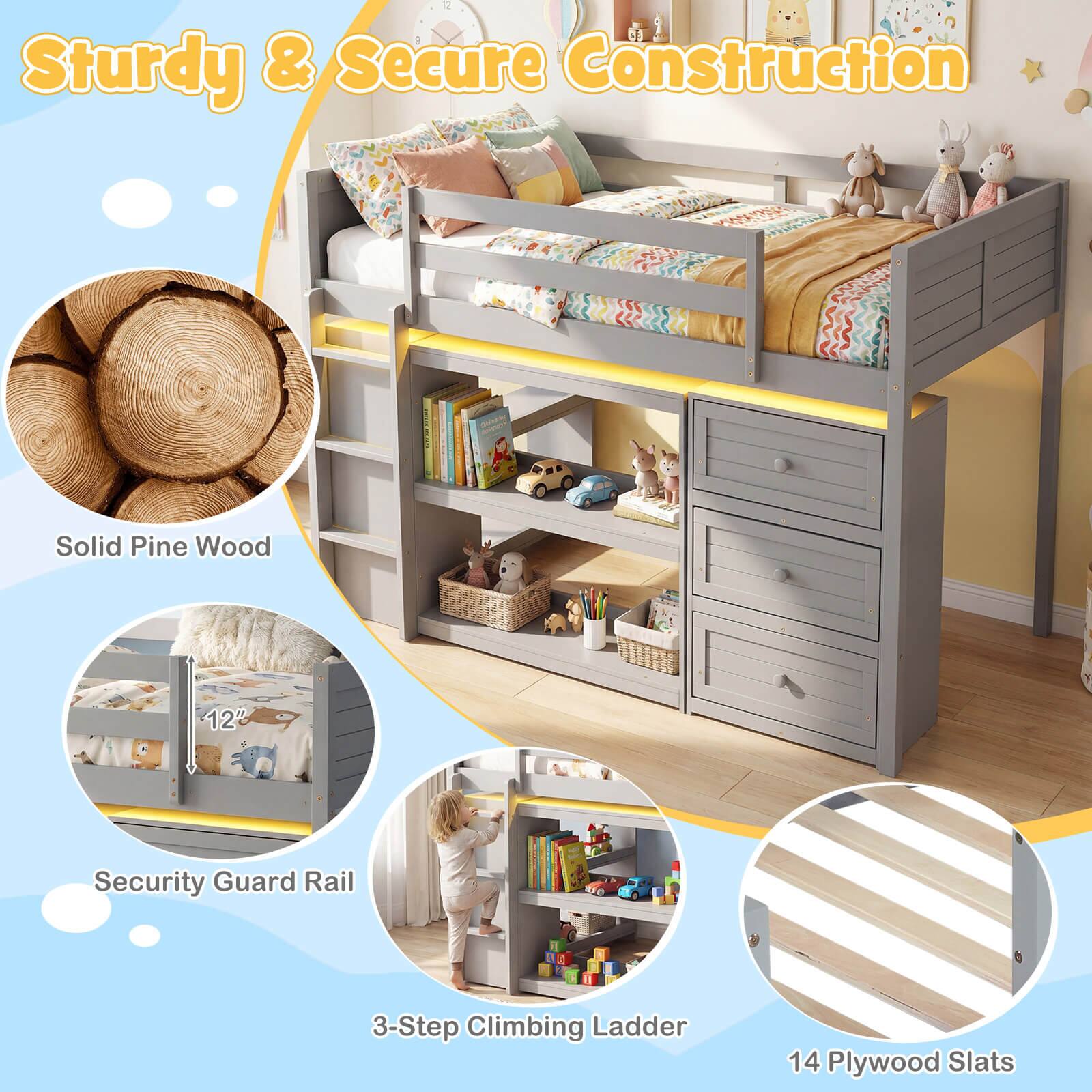 Sturdy & Secure Construction  
Solid Pine Wood  
12" Security Guard Rail  
3-Step Climbing Ladder  
14 Plywood Slats