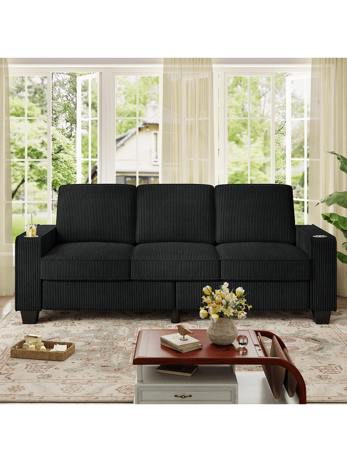 Angle. Trinkets Crazed - 83.5 Inch Oversized 3 Seater Couch,Upholstered Corduroy Love Seat Sofa for Living Room,Modern Deep Seat Loveseat Sofa - Black.